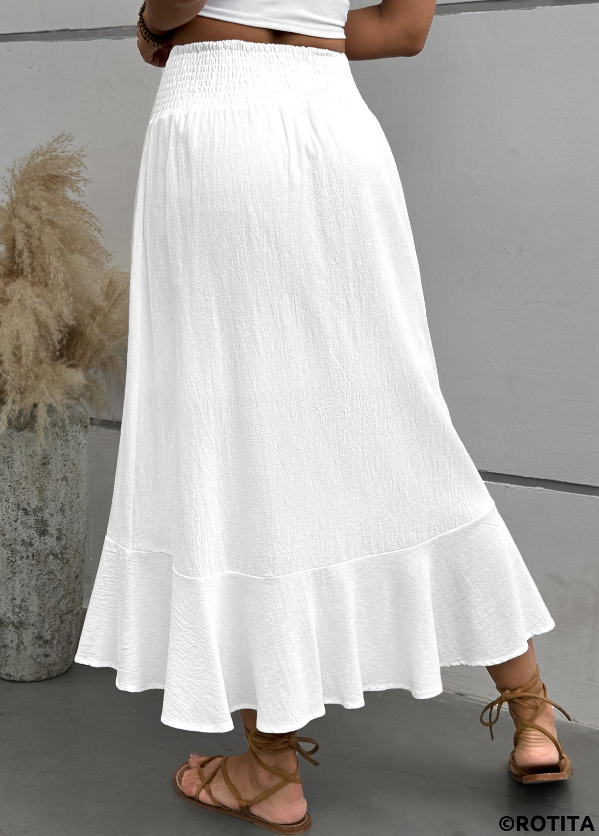 White bottoms,Plain Color bottoms,White Elastic Waist A Line Skirt