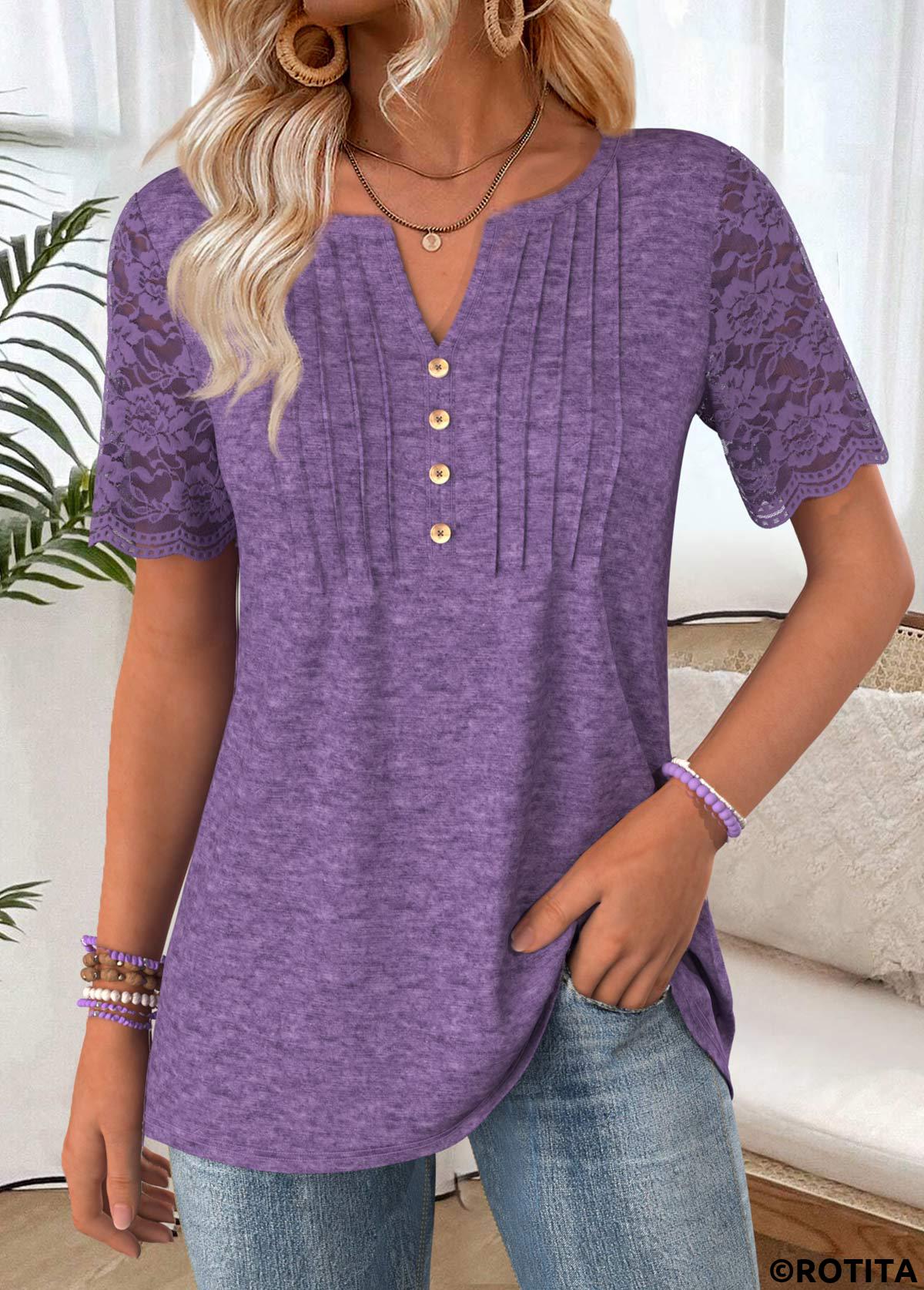 Purple tops,Plain Color tops,ROTITA Purple Split Neck Short Sleeve T Shirt