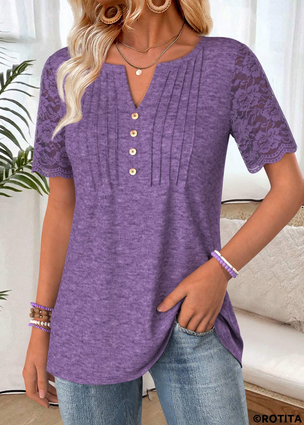 Purple tops,Plain Color tops,ROTITA Purple Split Neck Short Sleeve T Shirt