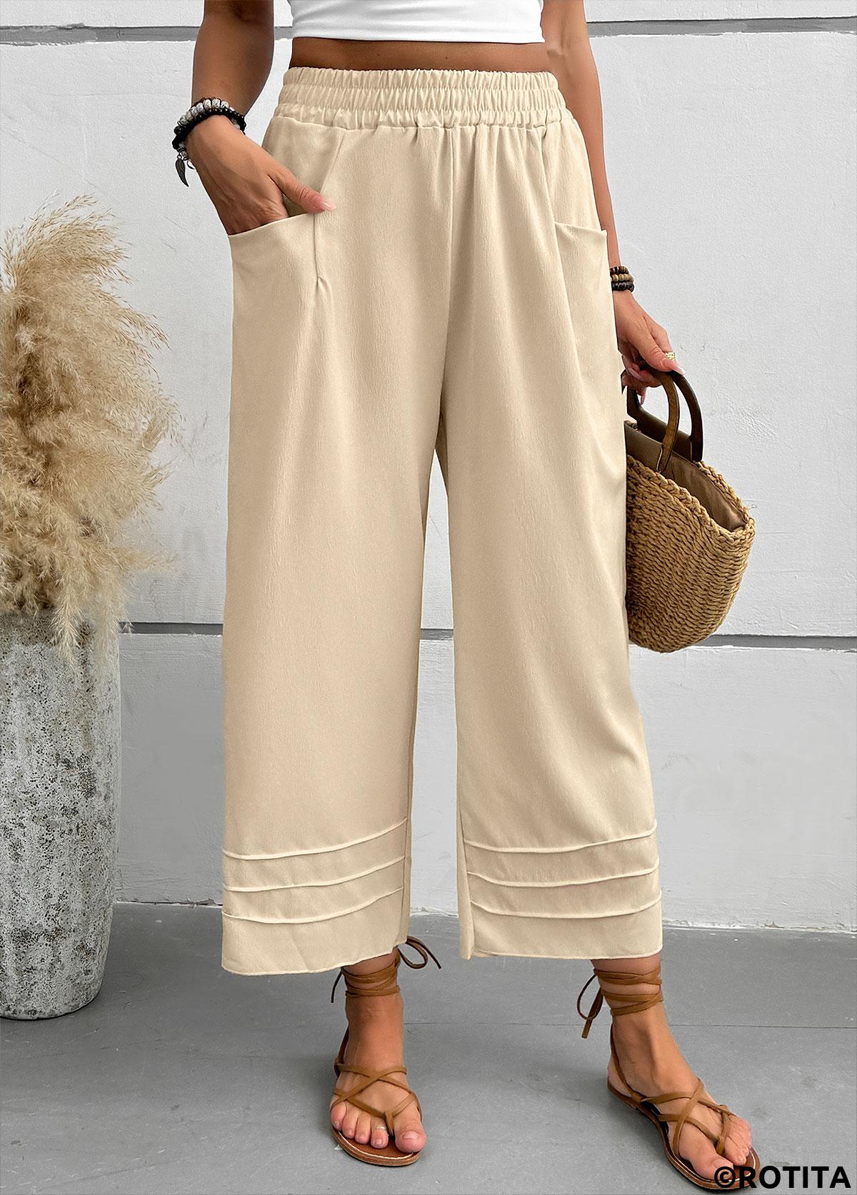Light Camel bottoms,Plain Color bottoms,Light Camel Wide Leg Elastic Waist High Waisted Pants