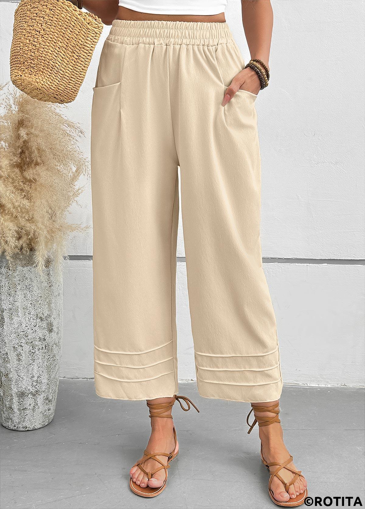 Light Camel bottoms,Plain Color bottoms,Light Camel Wide Leg Elastic Waist High Waisted Pants