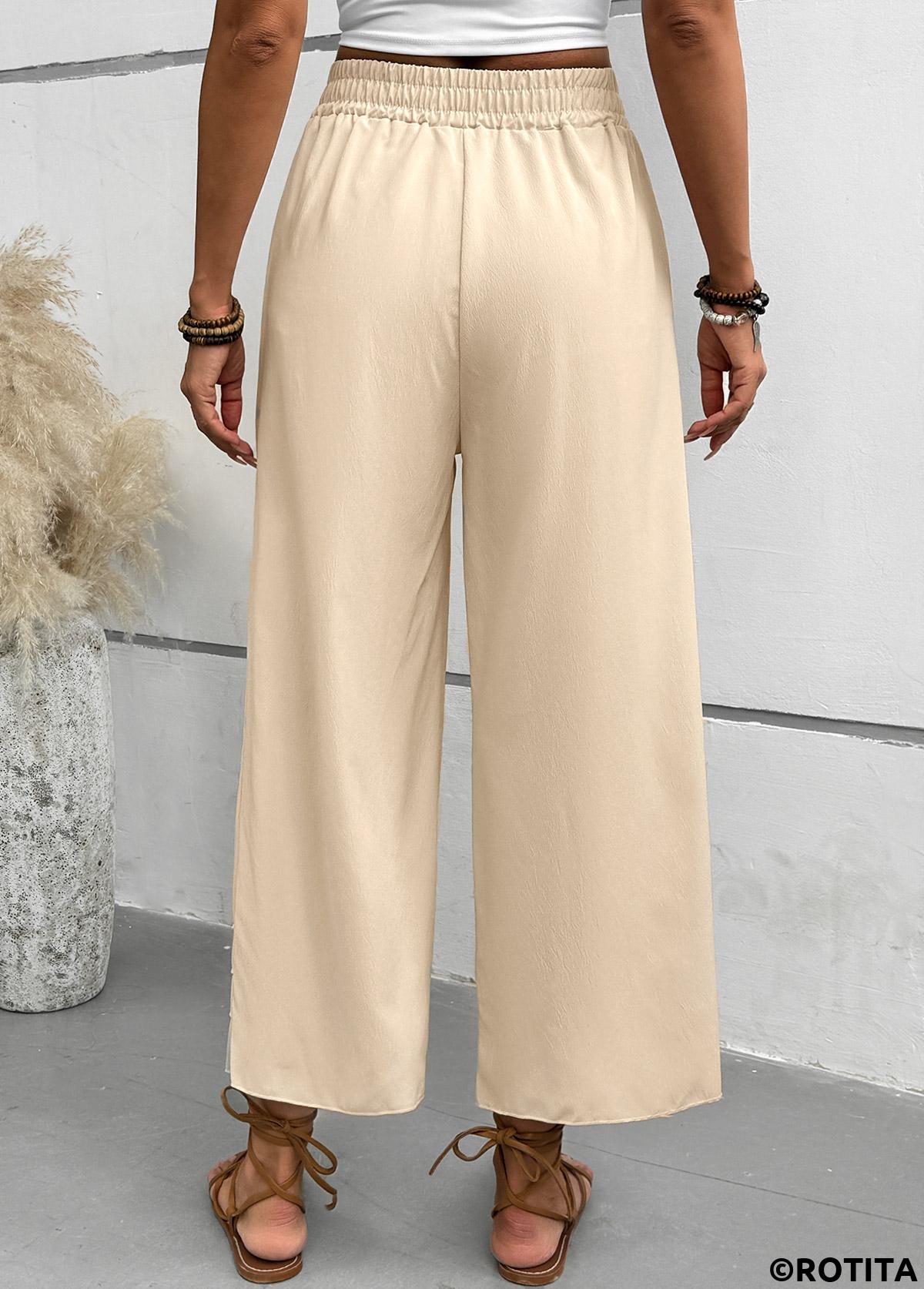 Light Camel bottoms,Plain Color bottoms,Light Camel Wide Leg Elastic Waist High Waisted Pants