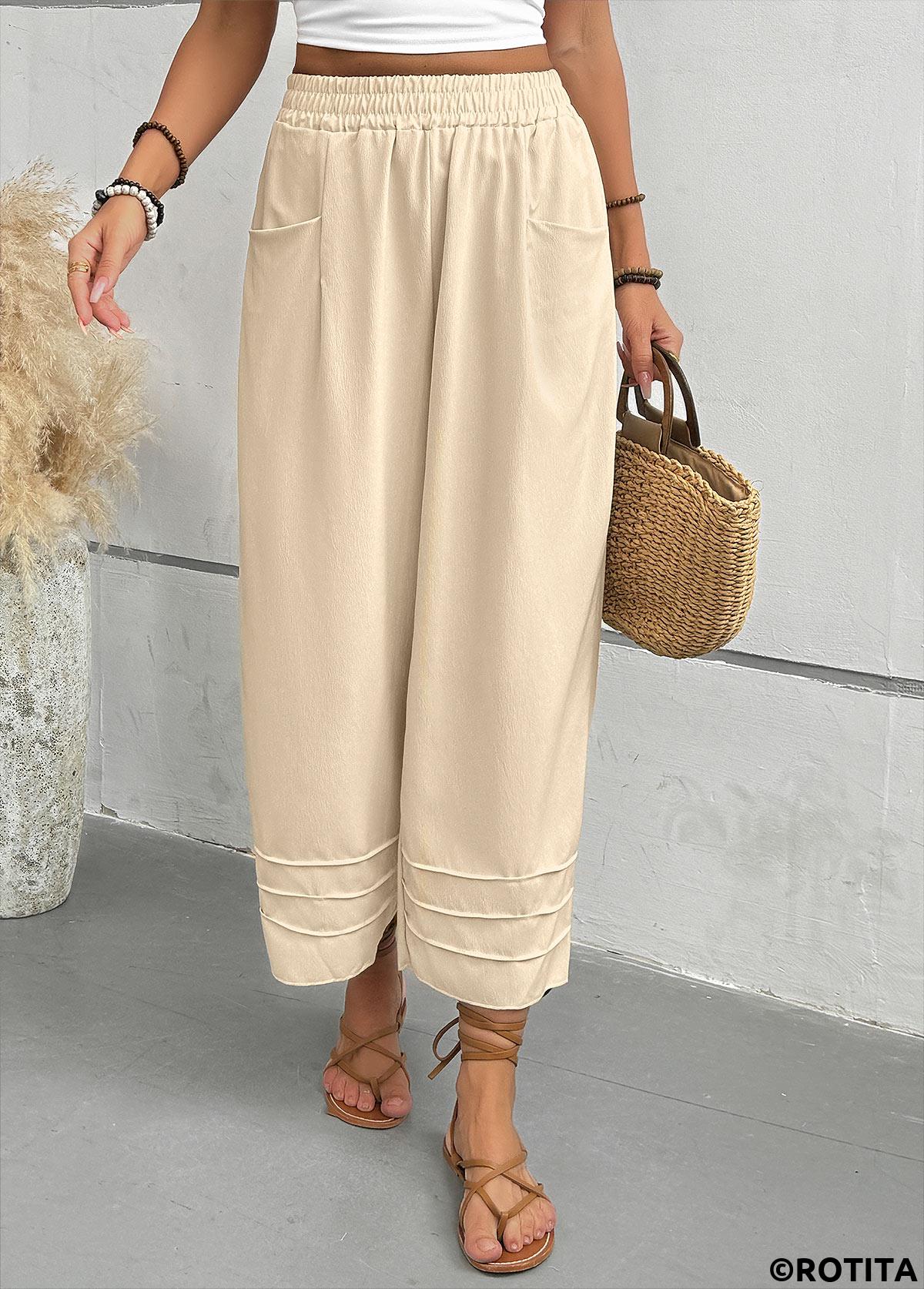 Light Camel bottoms,Plain Color bottoms,Light Camel Wide Leg Elastic Waist High Waisted Pants