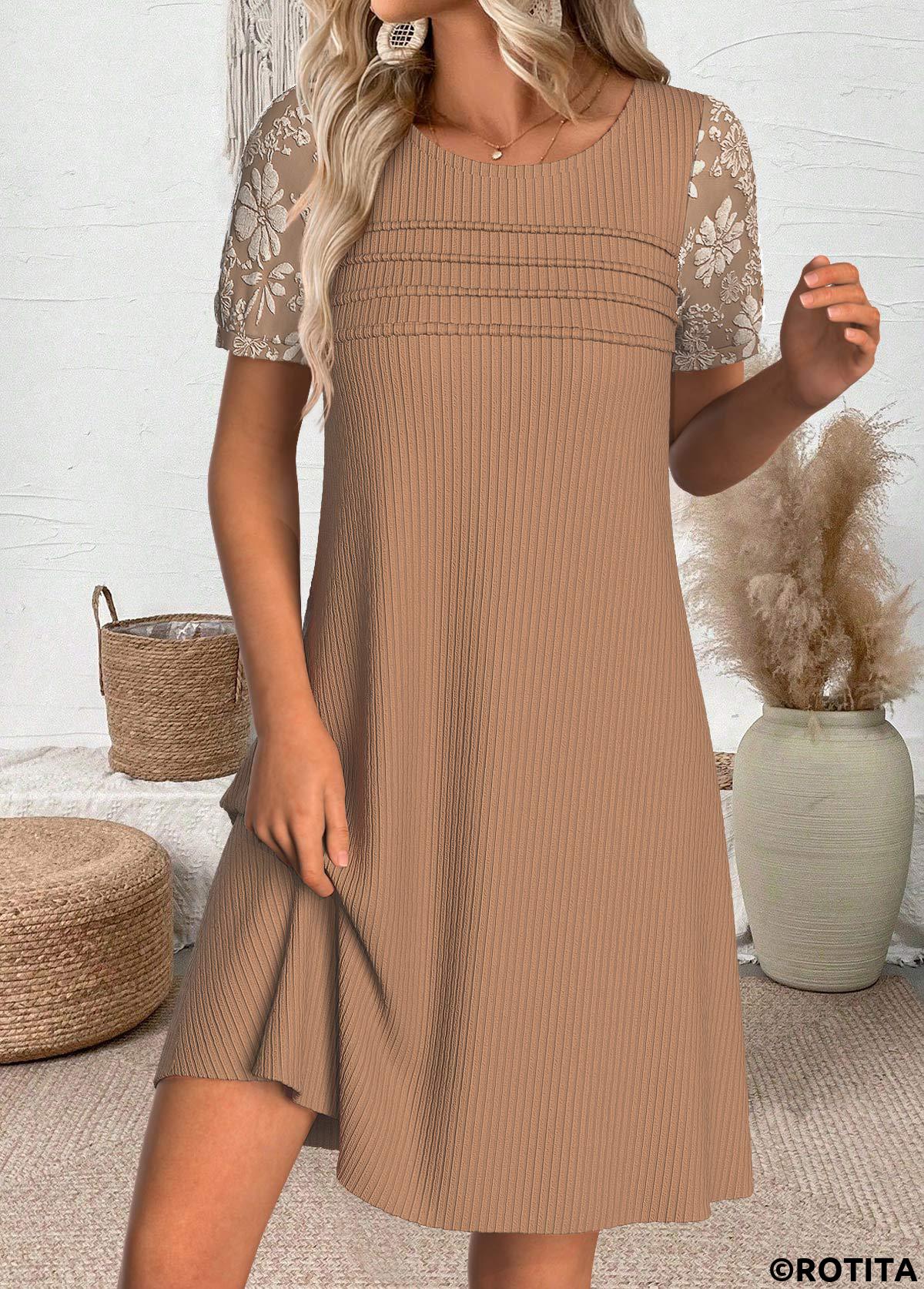 Light Coffee dresses,Plain Color dresses,Everyday dresses,Casual dresses,ROTITA Light Coffee Short Round Neck Dress