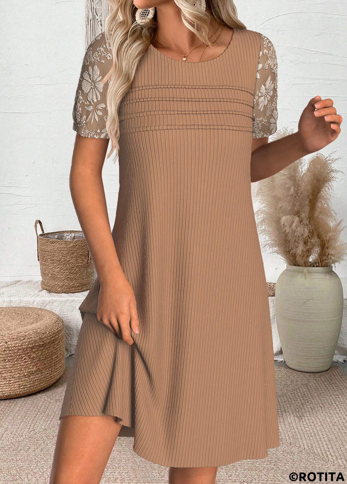 Light Coffee dresses,Plain Color dresses,Everyday dresses,Casual dresses,ROTITA Light Coffee Short Round Neck Dress