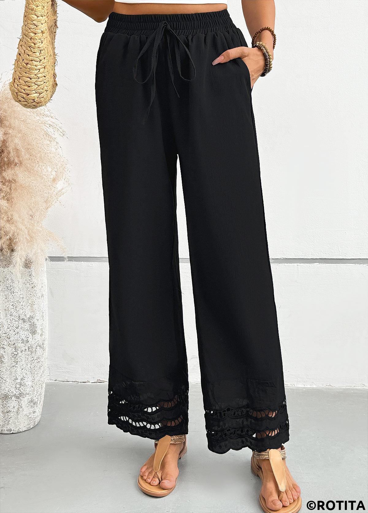 Black bottoms,Plain Color bottoms,Black Straight Leg Elastic Waist Mid Waisted Pants