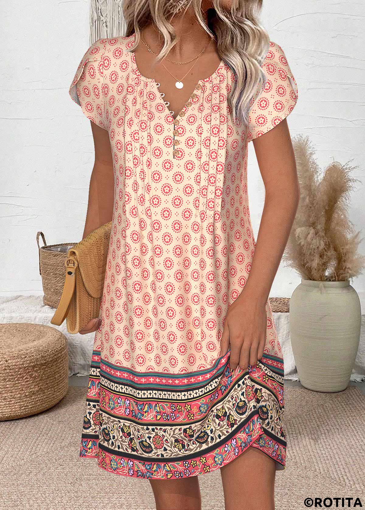 Multi Color dresses,Plants dresses,Floral dresses,Everyday dresses,Casual dresses,ROTITA Random Floral Print Multi Color Short Split Neck Dress