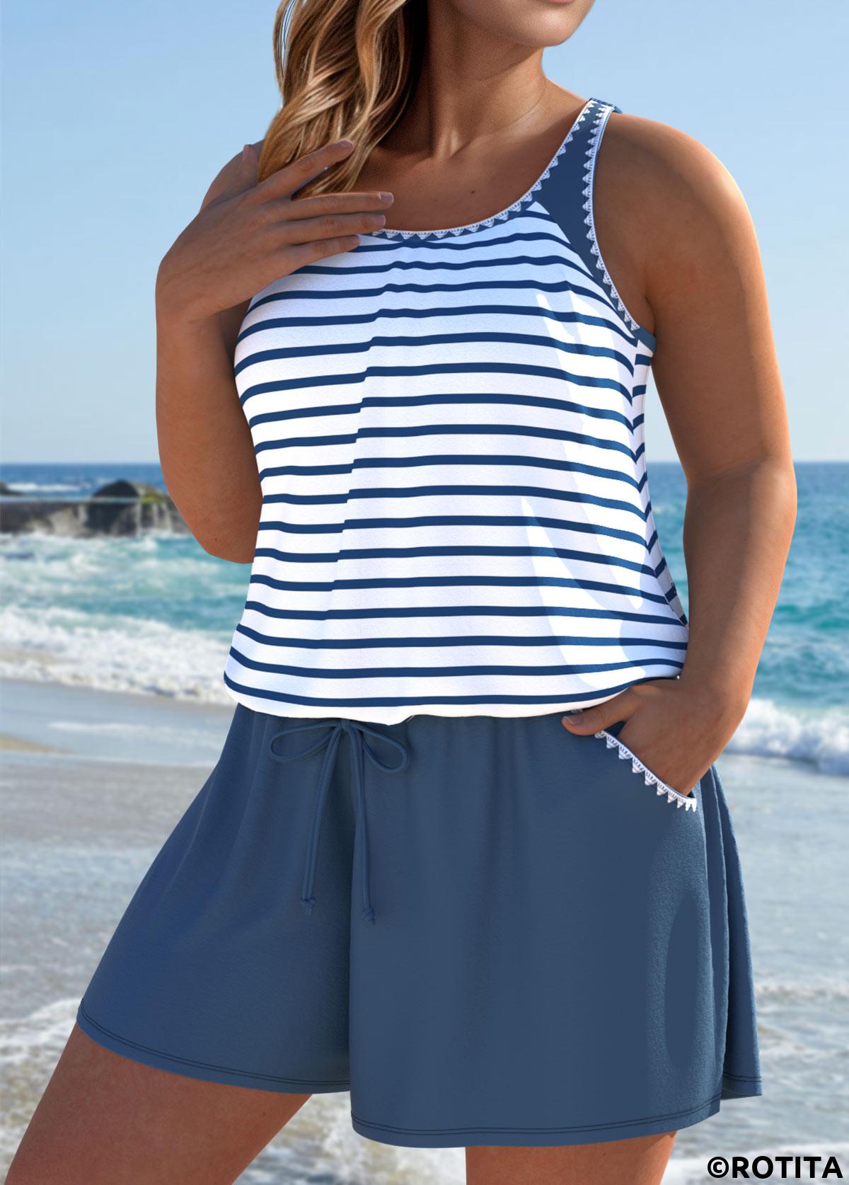 Dusty Blue swimwear,Striped swimwear,Geometric swimwear,ROTITA Dusty Blue Striped One Piece Swimwear