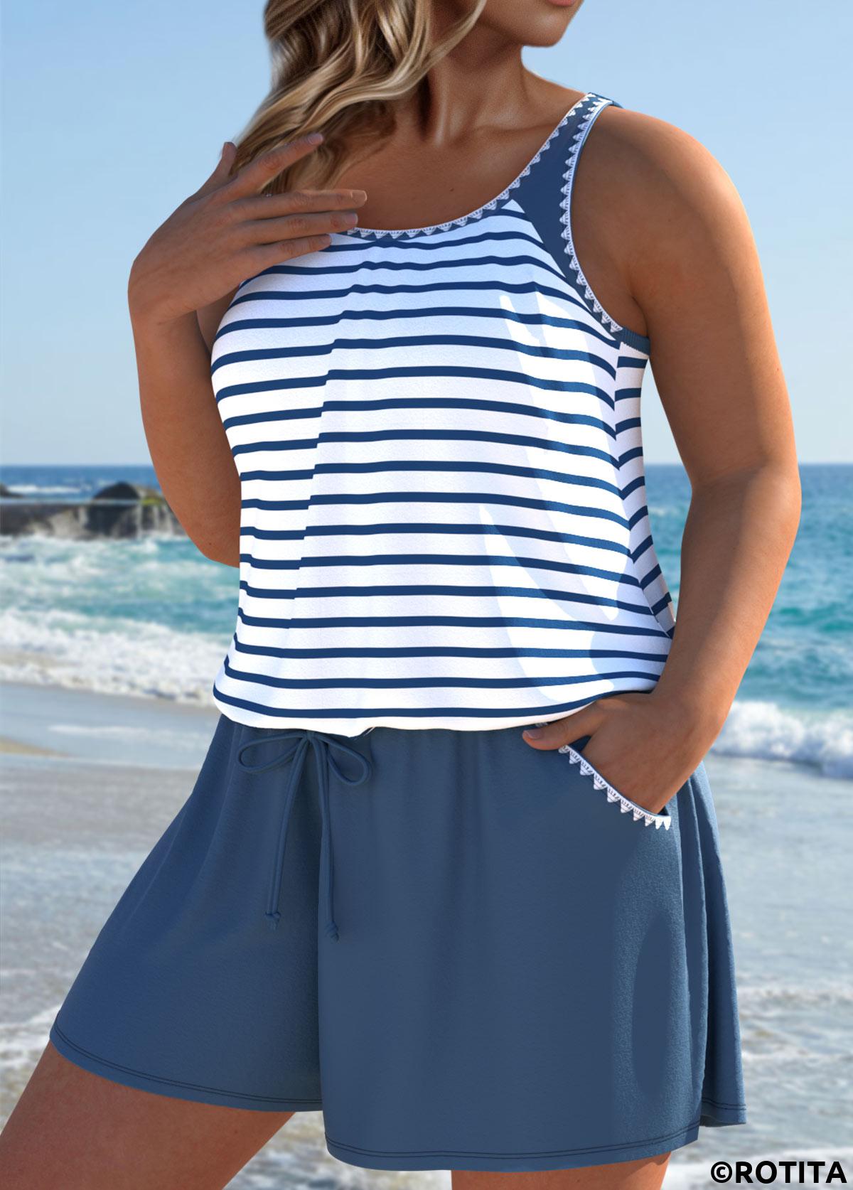 Dusty Blue swimwear,Striped swimwear,Geometric swimwear,ROTITA Dusty Blue Striped One Piece Swimwear