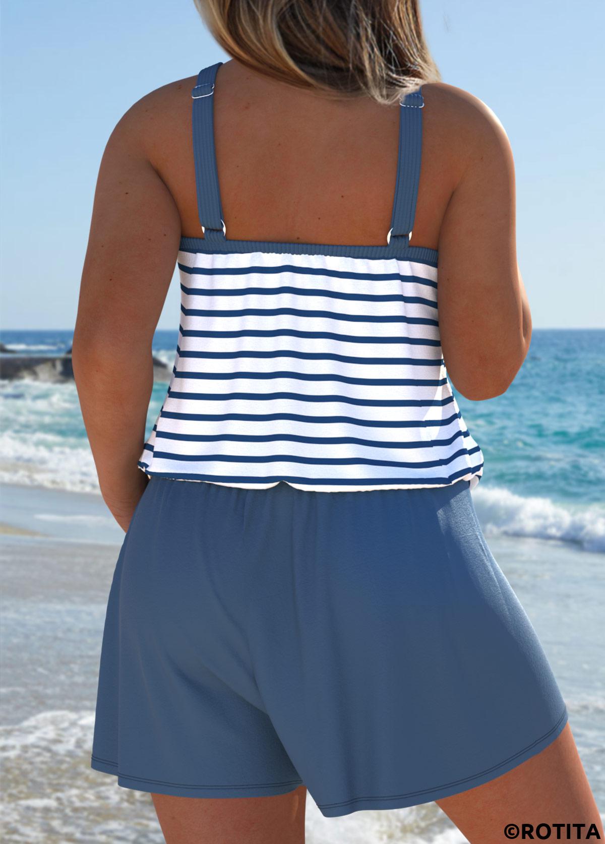Dusty Blue swimwear,Striped swimwear,Geometric swimwear,ROTITA Dusty Blue Striped One Piece Swimwear