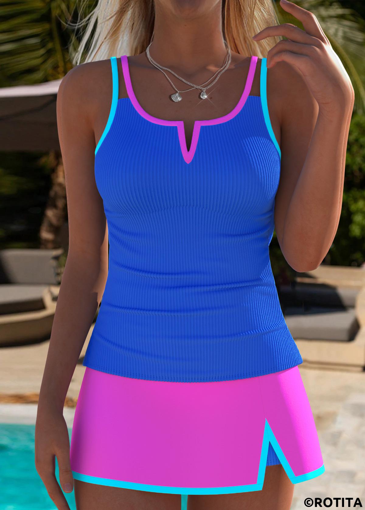 Purplish Blue swimwear,Contrast Color swimwear,ROTITA Purplish Blue Mid Waisted Tankini Set