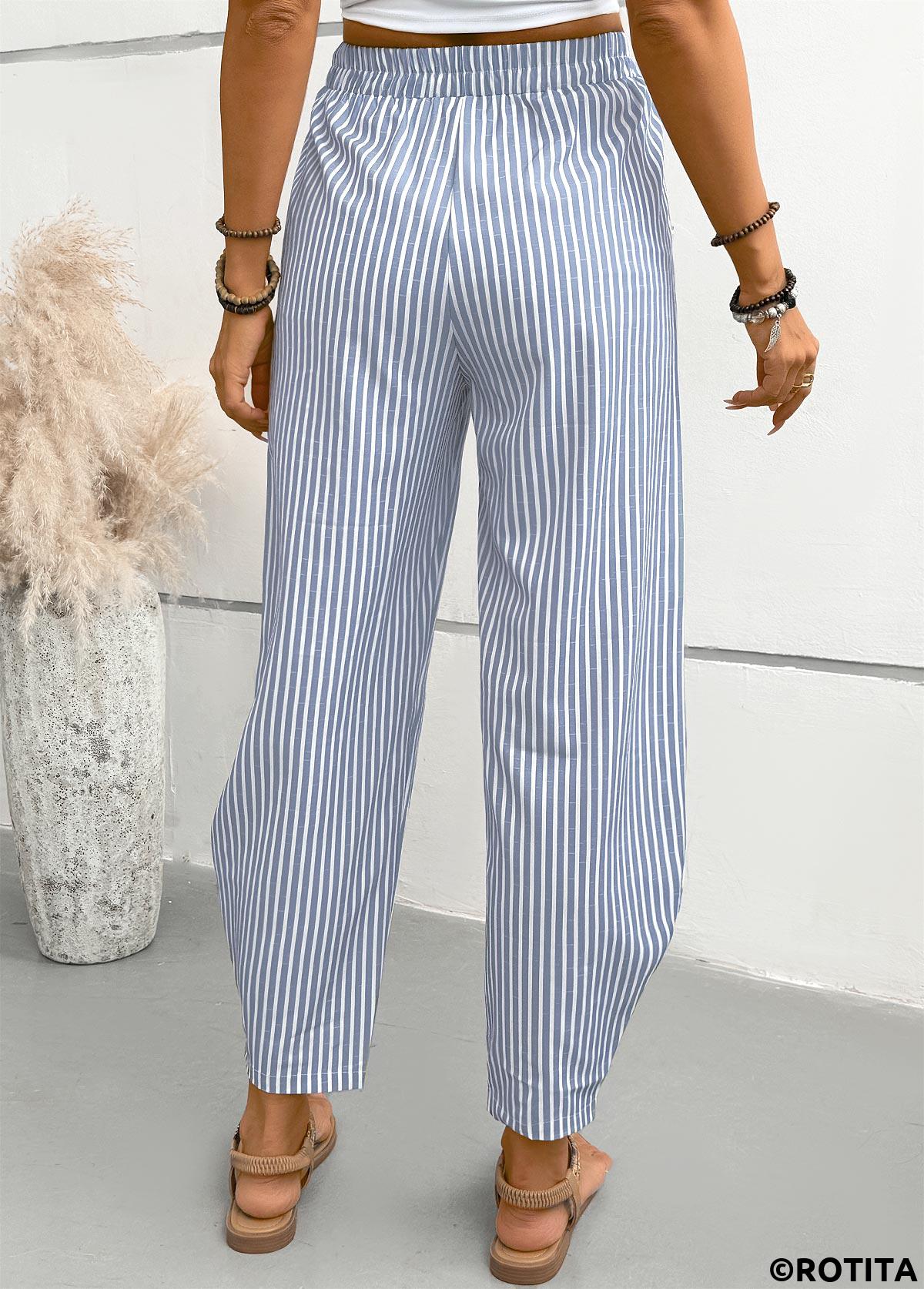 Dusty Blue bottoms,Striped bottoms,Geometric bottoms,Striped Dusty Blue Elastic Waist High Waisted Pants
