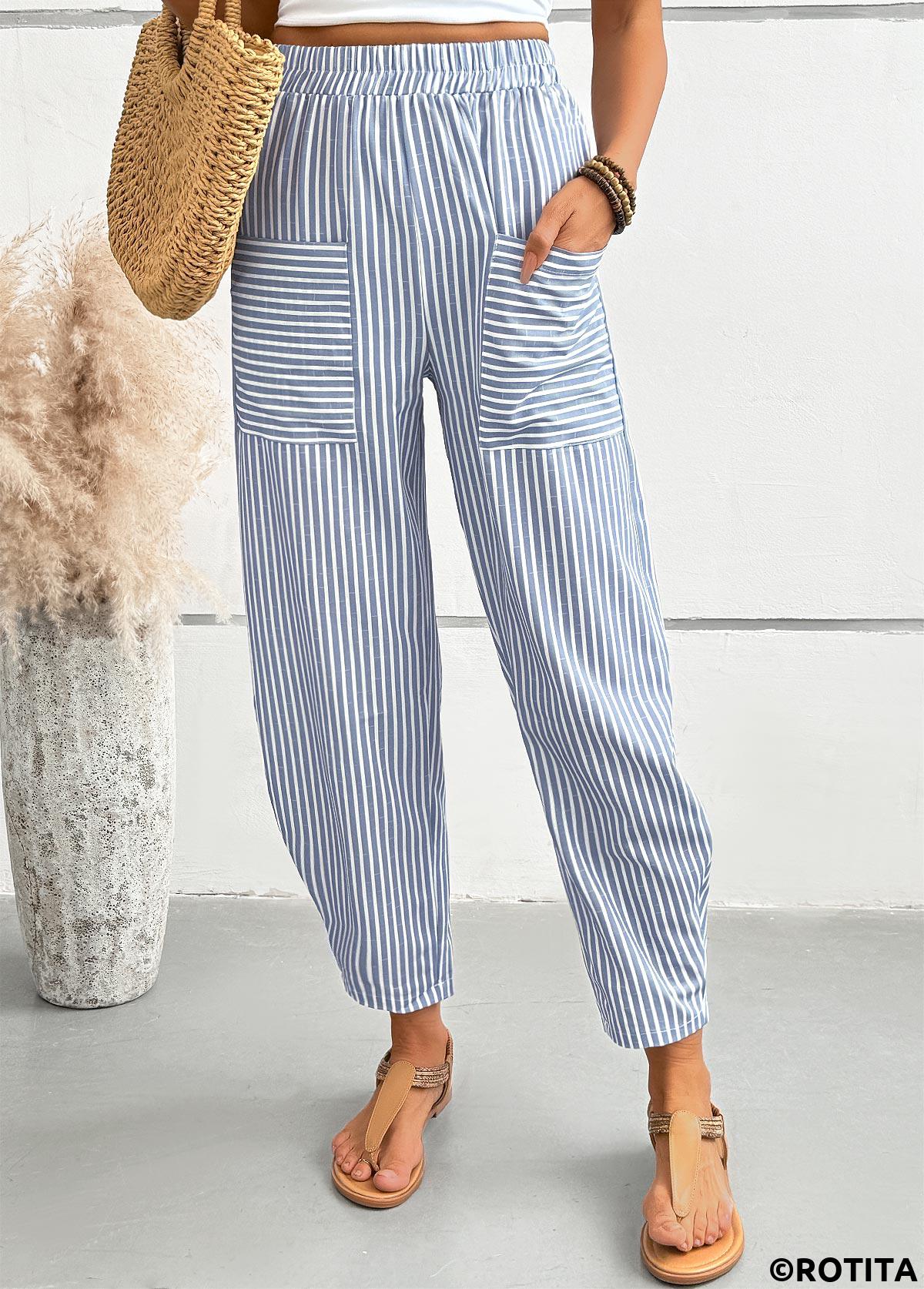 Dusty Blue bottoms,Striped bottoms,Geometric bottoms,Striped Dusty Blue Elastic Waist High Waisted Pants