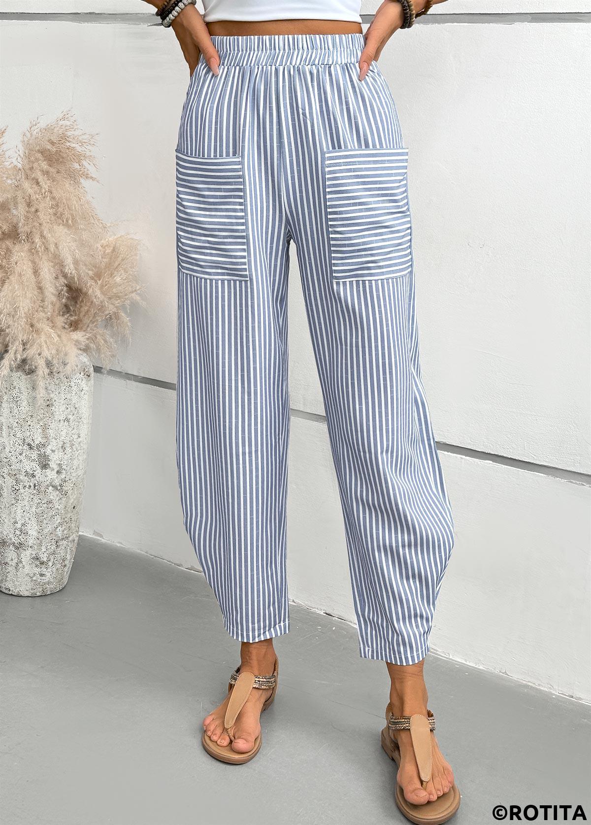Dusty Blue bottoms,Striped bottoms,Geometric bottoms,Striped Dusty Blue Elastic Waist High Waisted Pants