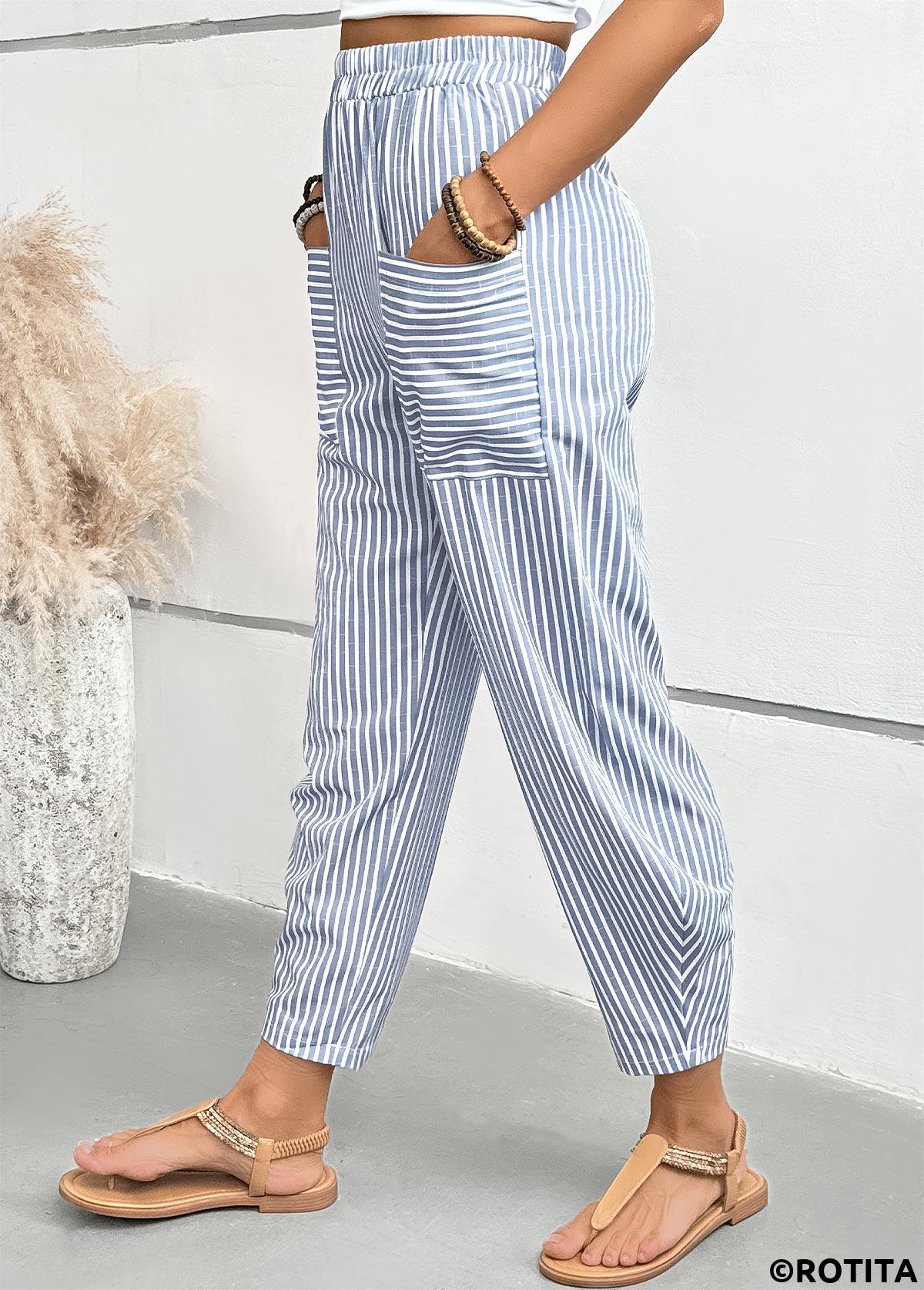 Dusty Blue bottoms,Striped bottoms,Geometric bottoms,Striped Dusty Blue Elastic Waist High Waisted Pants