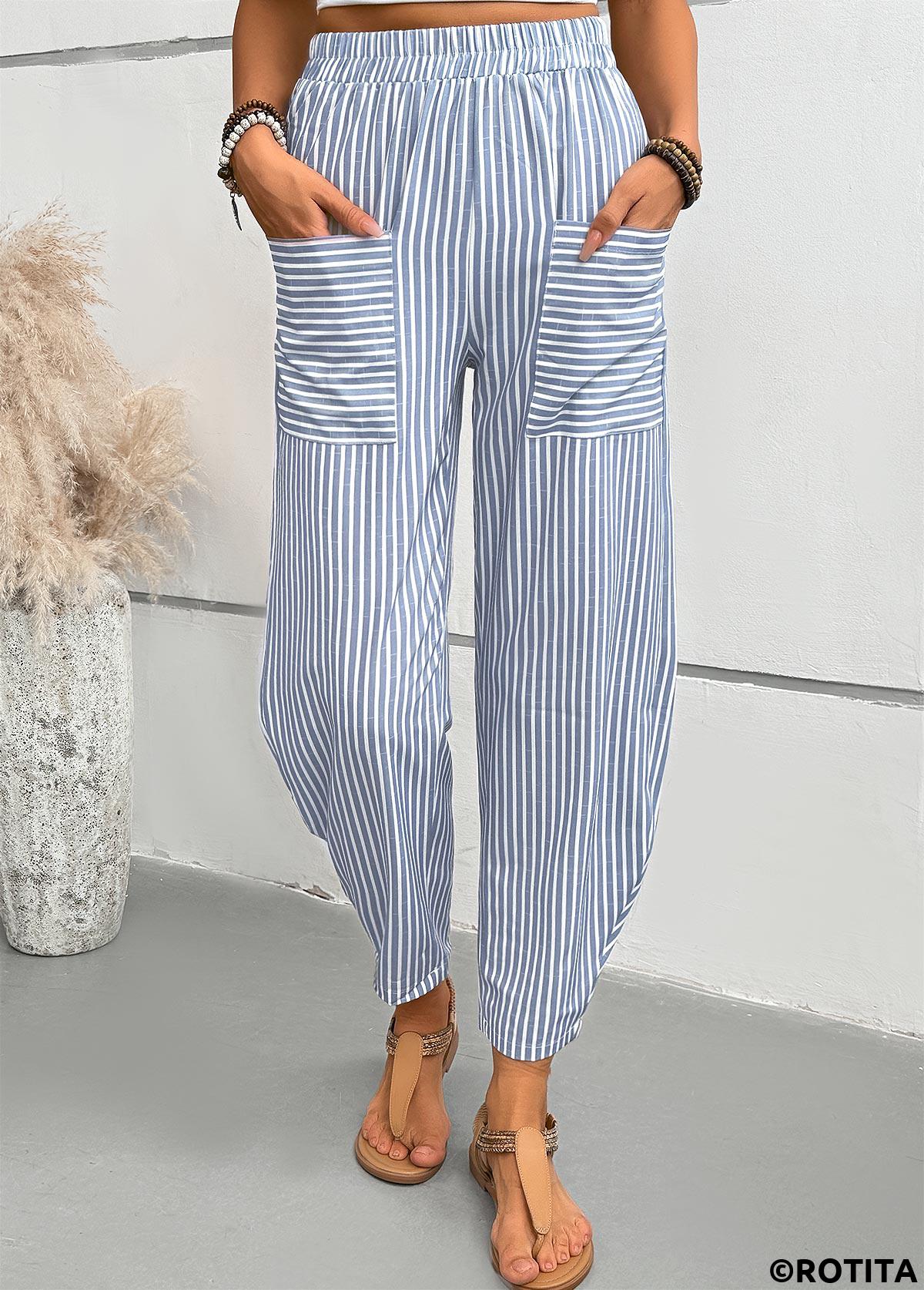 Dusty Blue bottoms,Striped bottoms,Geometric bottoms,Striped Dusty Blue Elastic Waist High Waisted Pants