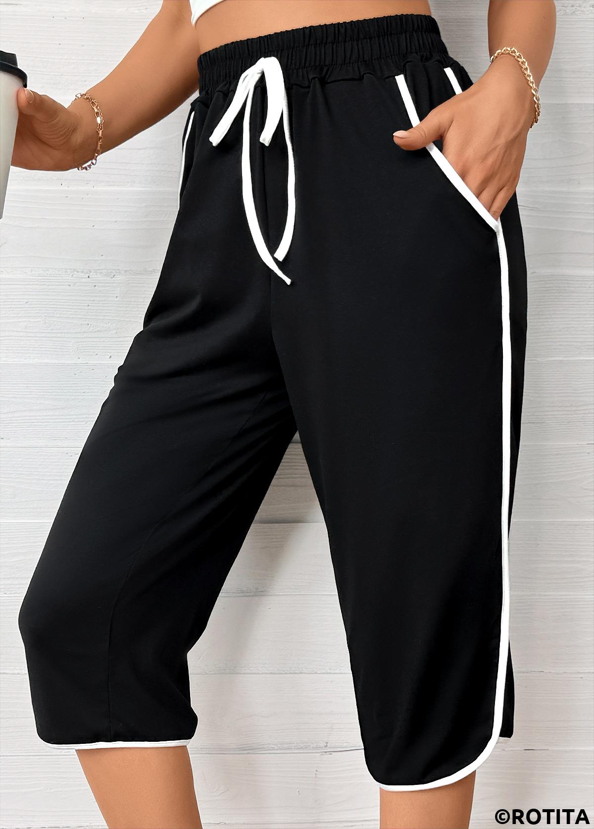 Black bottoms,Plain Color bottoms,Black Straight Leg Elastic Waist High Waisted Pants