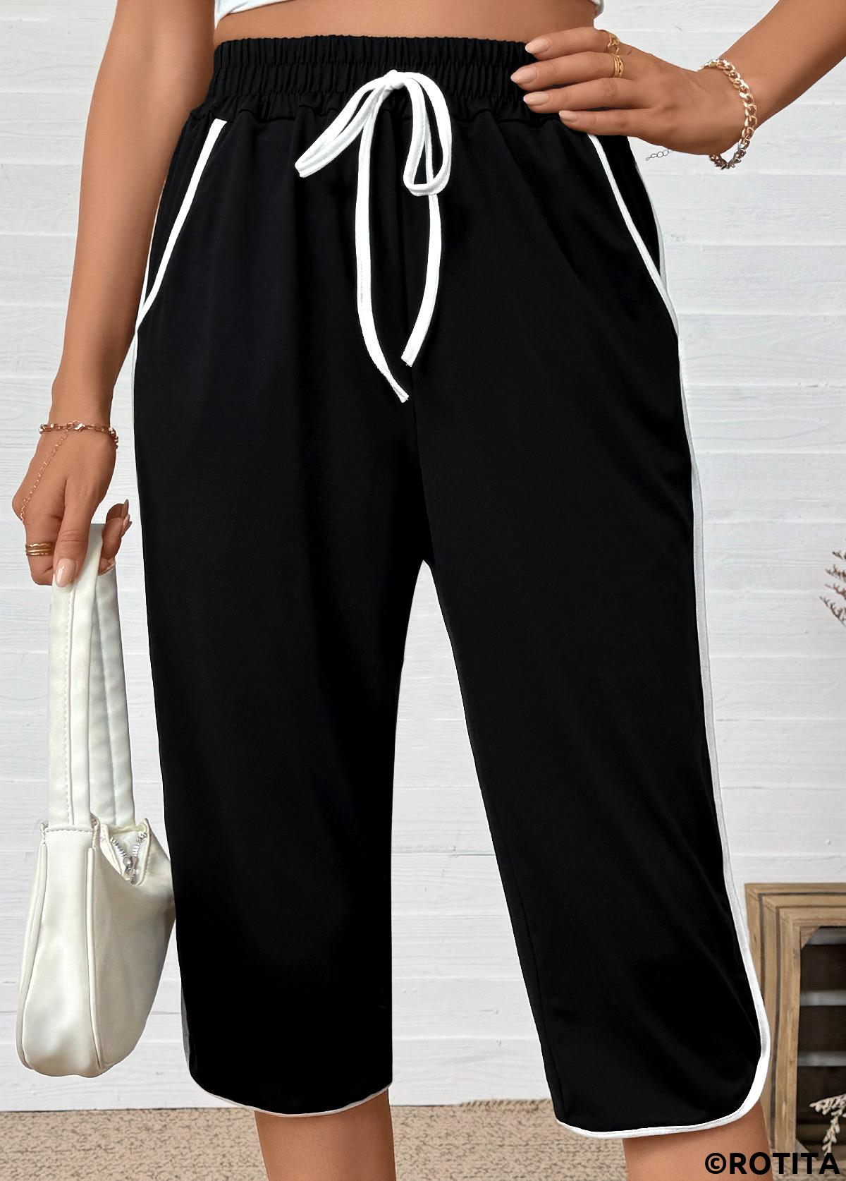 Black bottoms,Plain Color bottoms,Black Straight Leg Elastic Waist High Waisted Pants