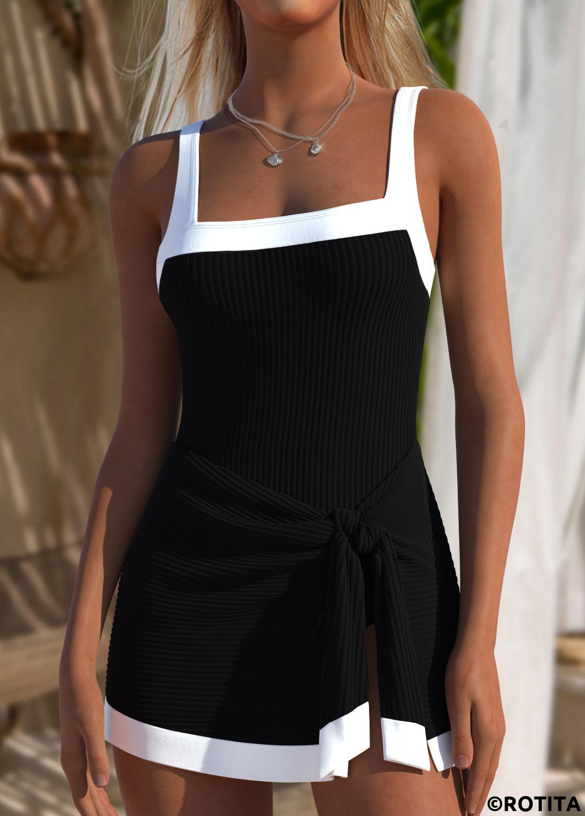 Black swimwear,Contrast Color swimwear,ROTITA Black Square Neck One Piece Swimdress