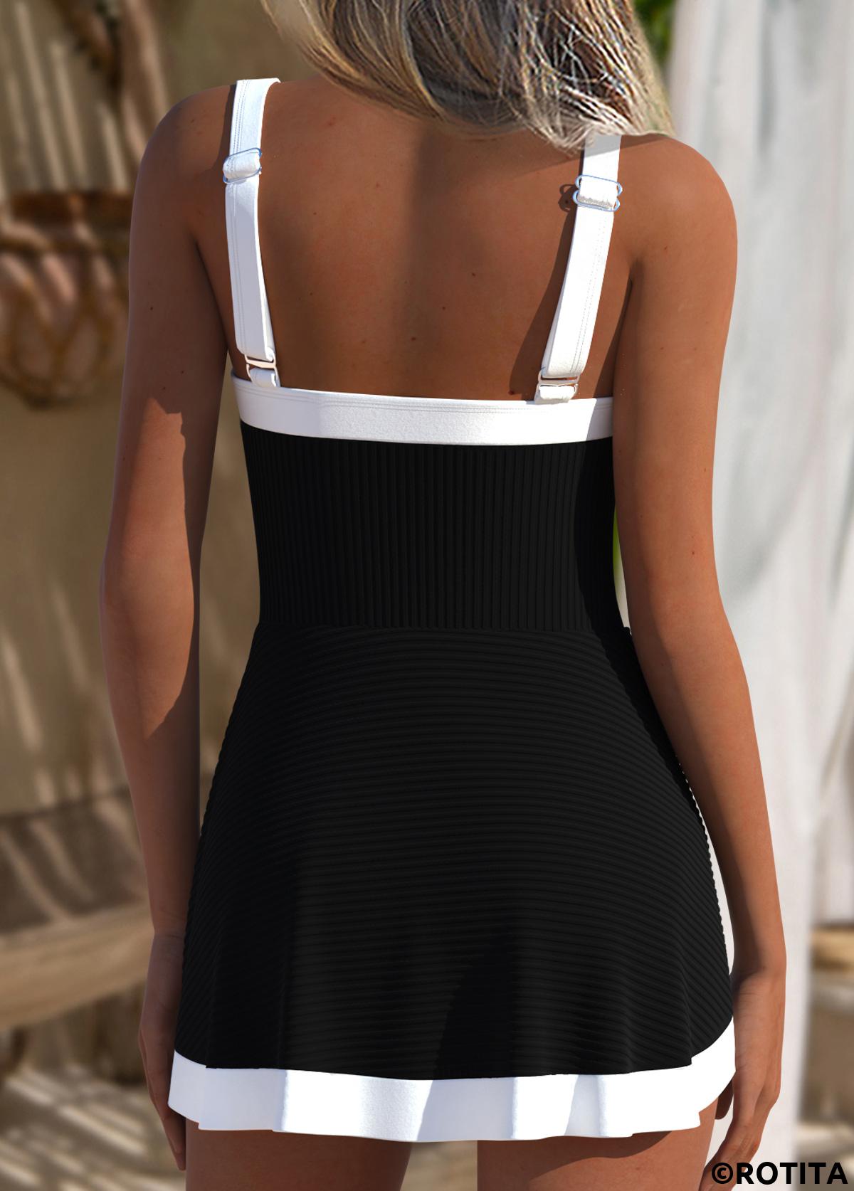 Black swimwear,Contrast Color swimwear,ROTITA Black Square Neck One Piece Swimdress