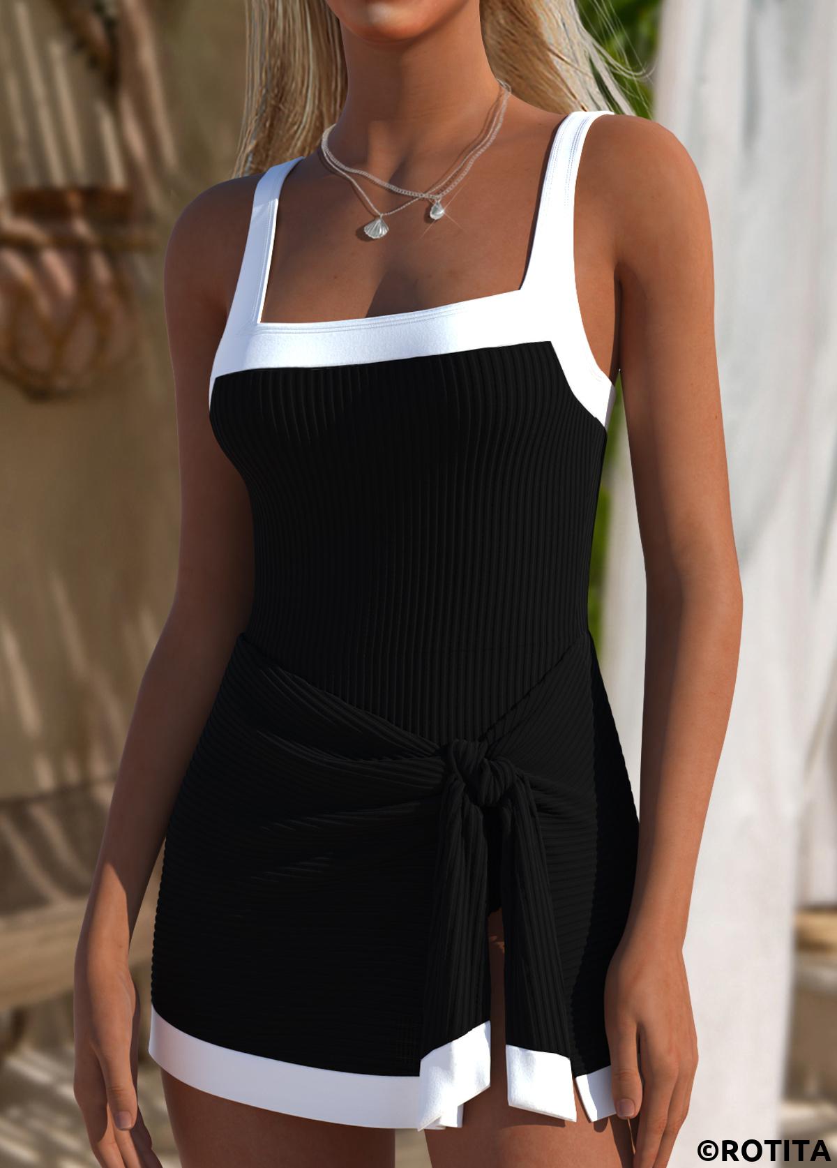 Black swimwear,Contrast Color swimwear,ROTITA Black Square Neck One Piece Swimdress