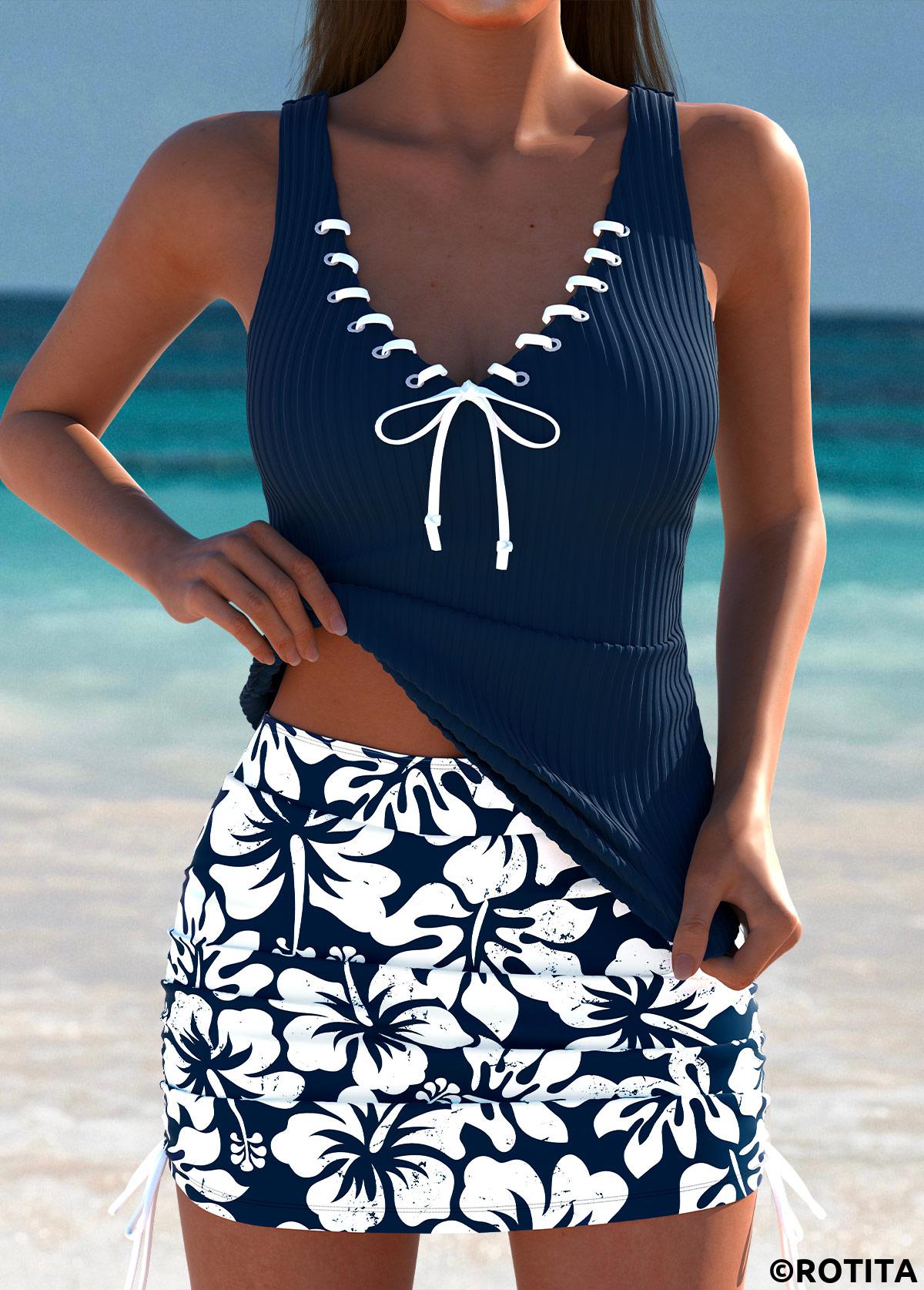 Navy swimwear,Plants swimwear,Floral swimwear,ROTITA Navy Tropical Plants Print Mid Waisted Tankini Set