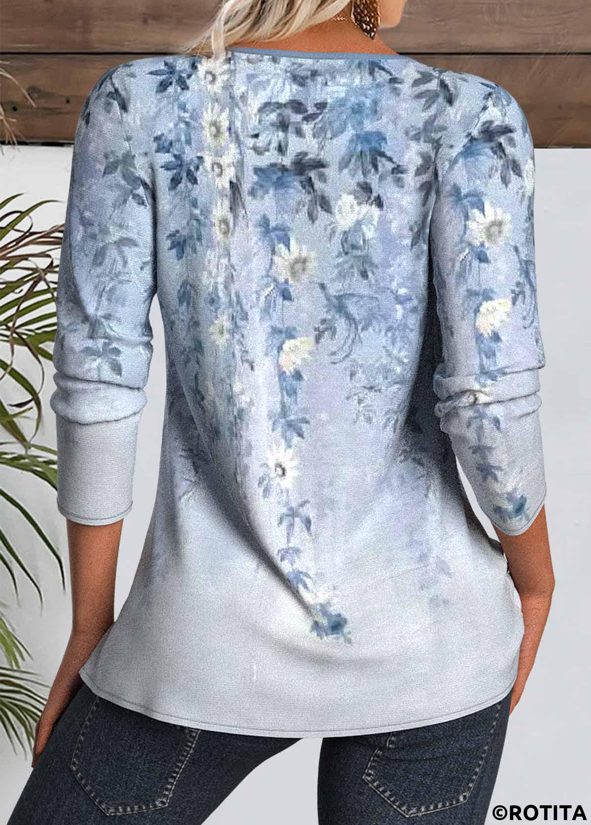 Light Blue tops,Floral tops,Plants tops,ROTITA Floral Print Light Blue Split Neck T Shirt