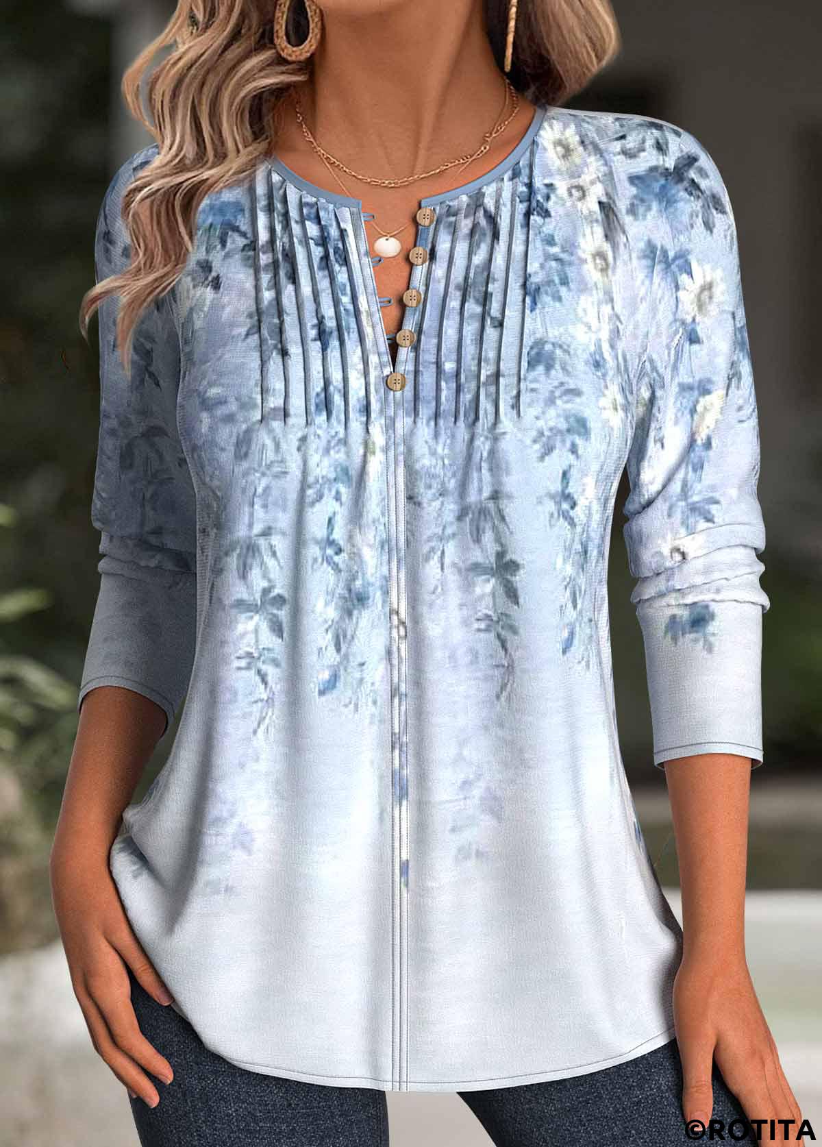 Light Blue tops,Floral tops,Plants tops,ROTITA Floral Print Light Blue Split Neck T Shirt