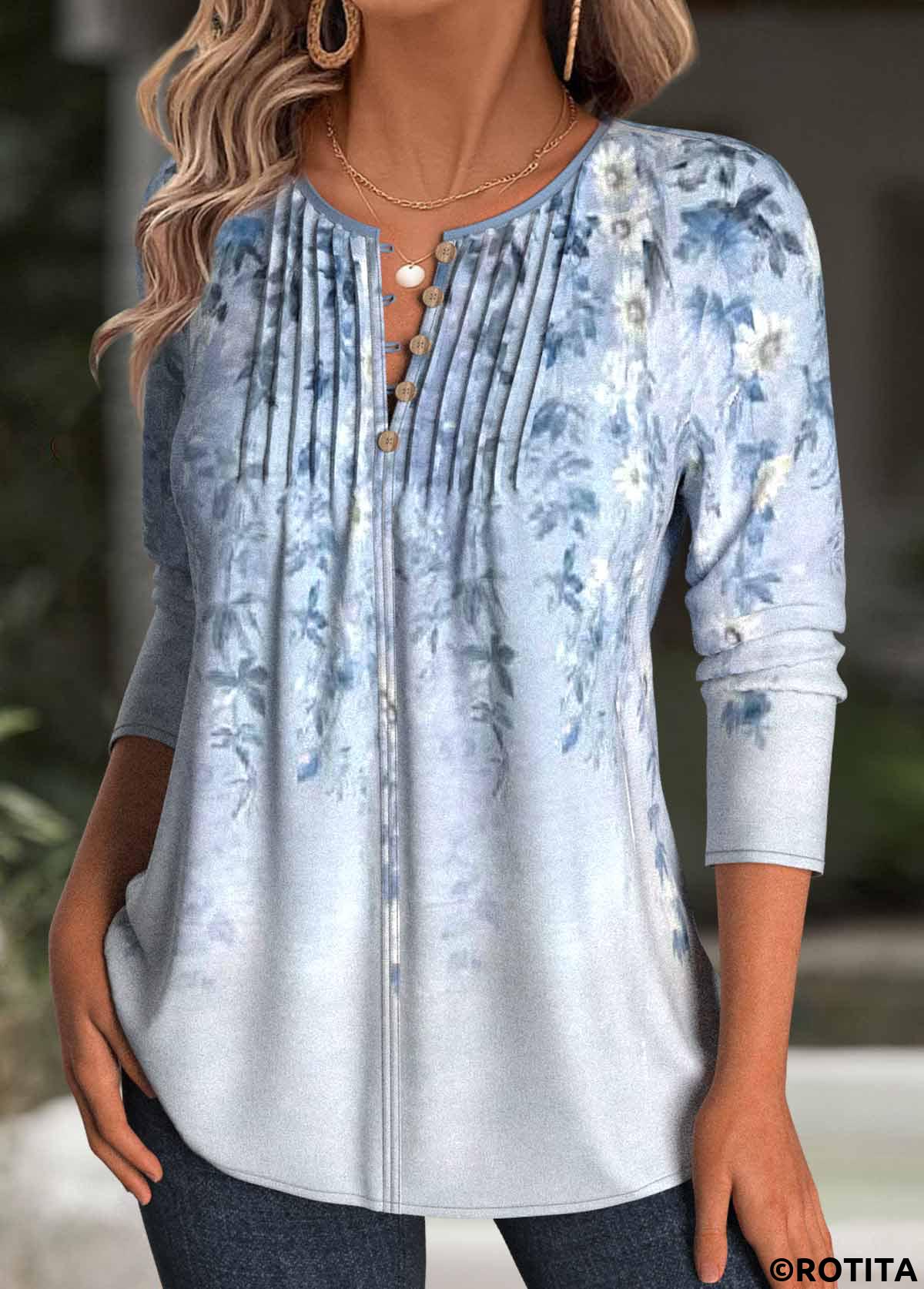 Light Blue tops,Floral tops,Plants tops,ROTITA Floral Print Light Blue Split Neck T Shirt