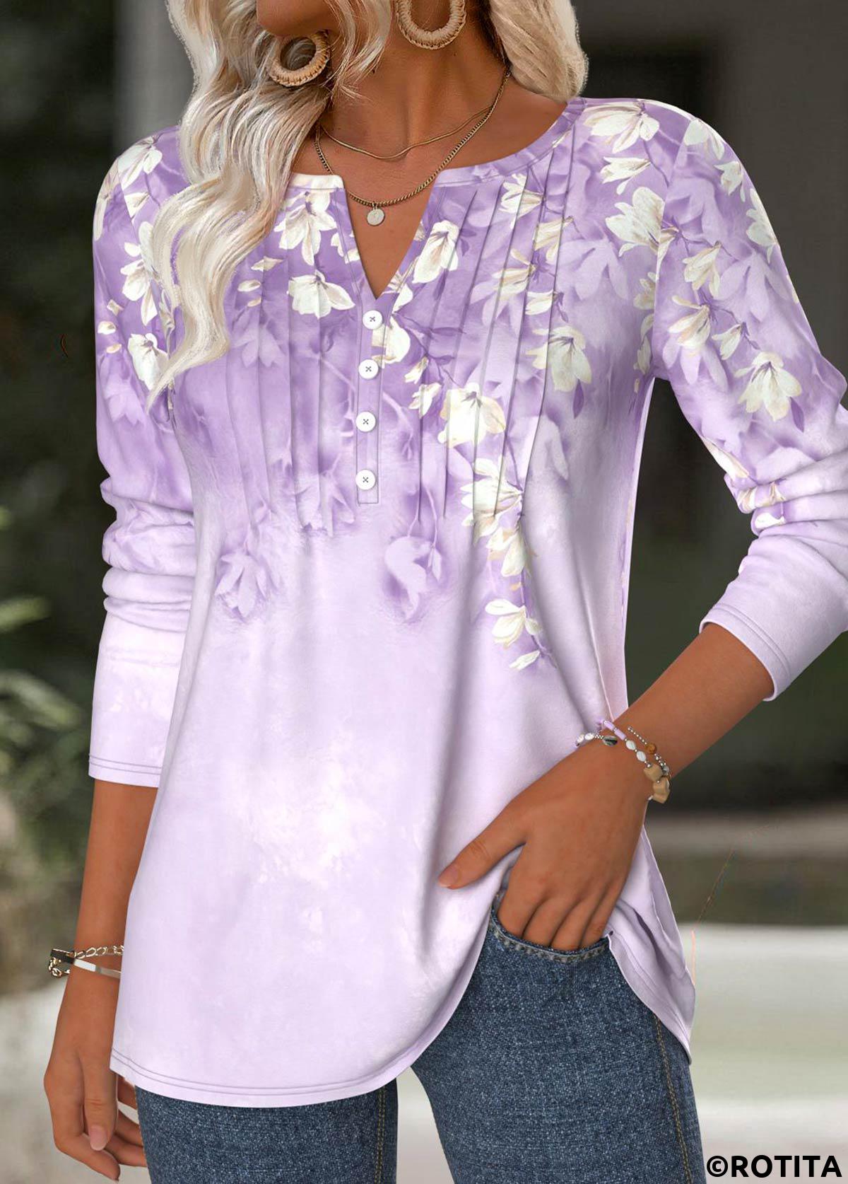 Light Purple tops,Floral tops,Plants tops,ROTITA Floral Print Light Purple Split Neck T Shirt