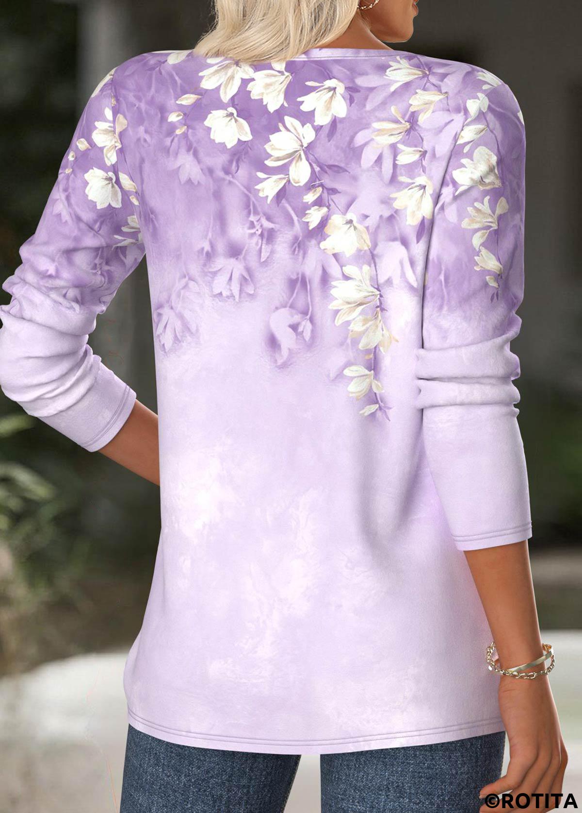 Light Purple tops,Floral tops,Plants tops,ROTITA Floral Print Light Purple Split Neck T Shirt