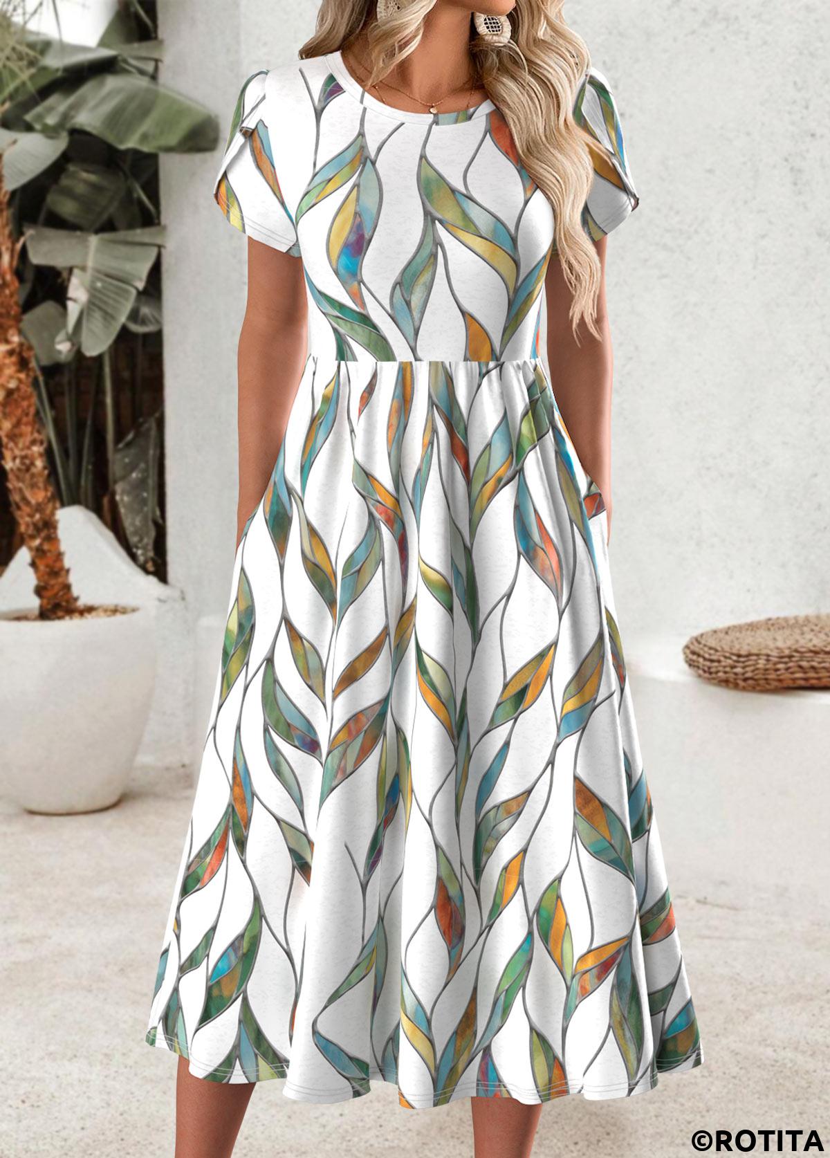 Multi Color dresses,Plants dresses,Everyday dresses,Casual dresses,ROTITA Leaf Print Multi Color Round Neck Short Sleeve Dress