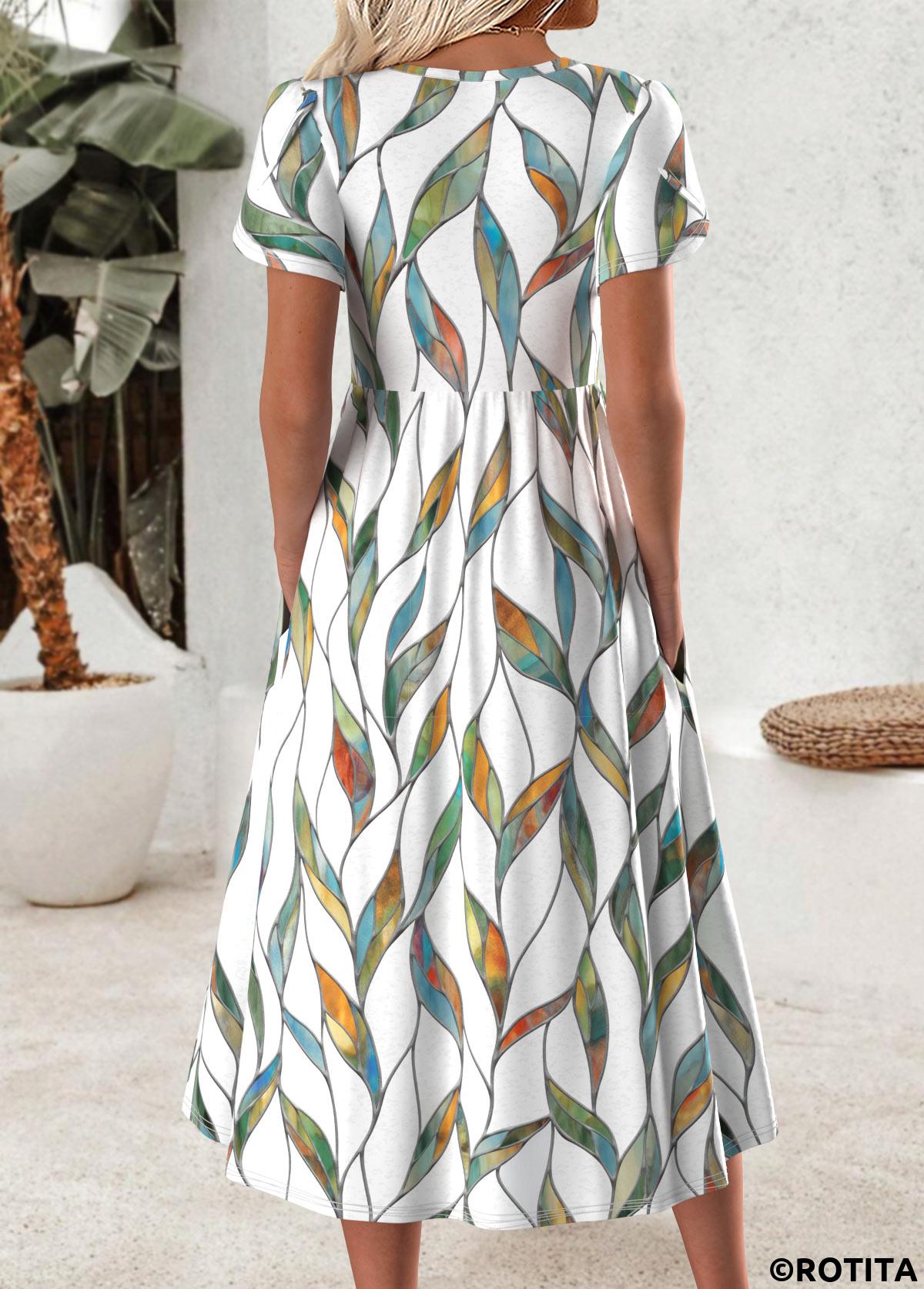 Multi Color dresses,Plants dresses,Everyday dresses,Casual dresses,ROTITA Leaf Print Multi Color Round Neck Short Sleeve Dress
