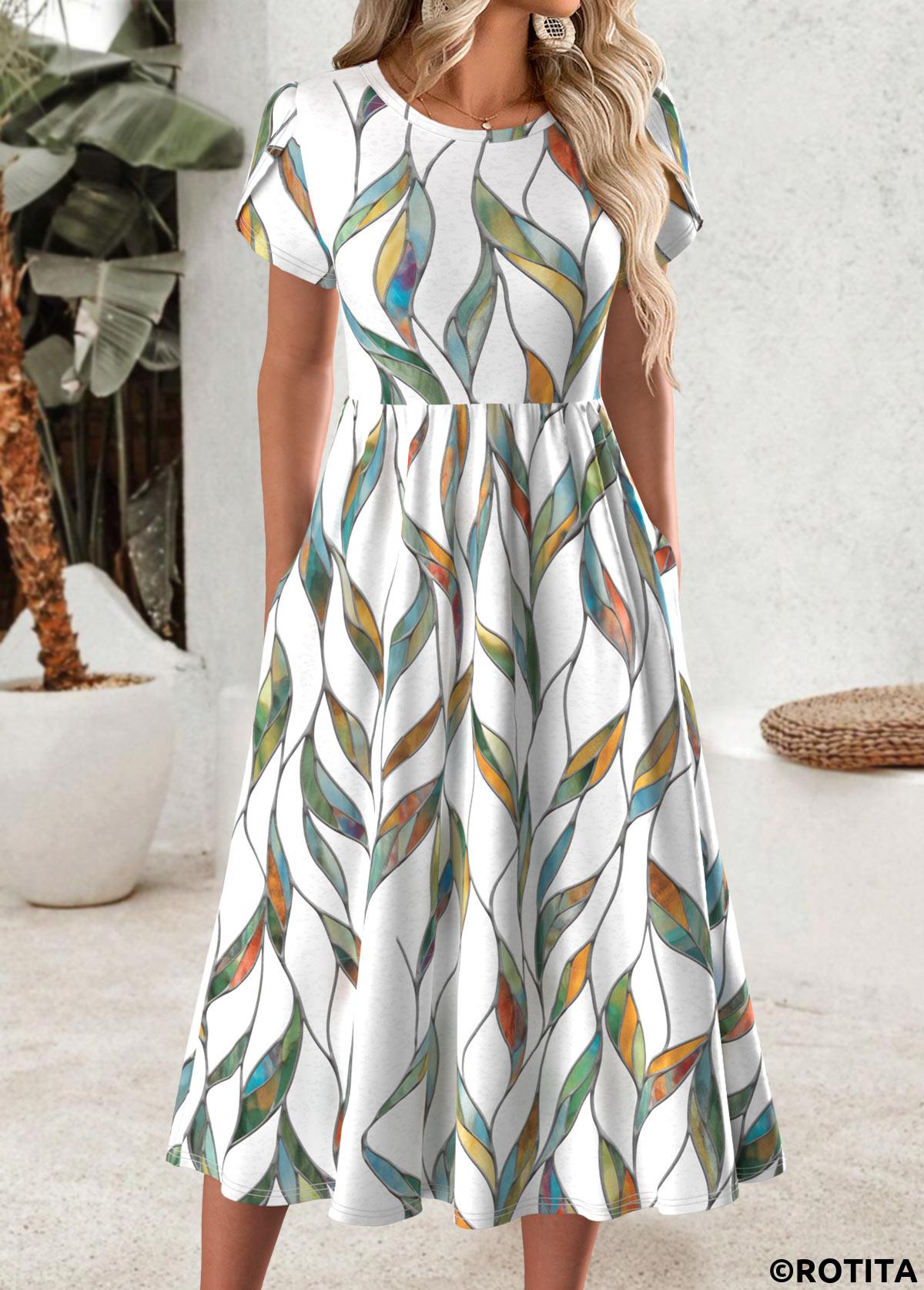 Multi Color dresses,Plants dresses,Everyday dresses,Casual dresses,ROTITA Leaf Print Multi Color Round Neck Short Sleeve Dress