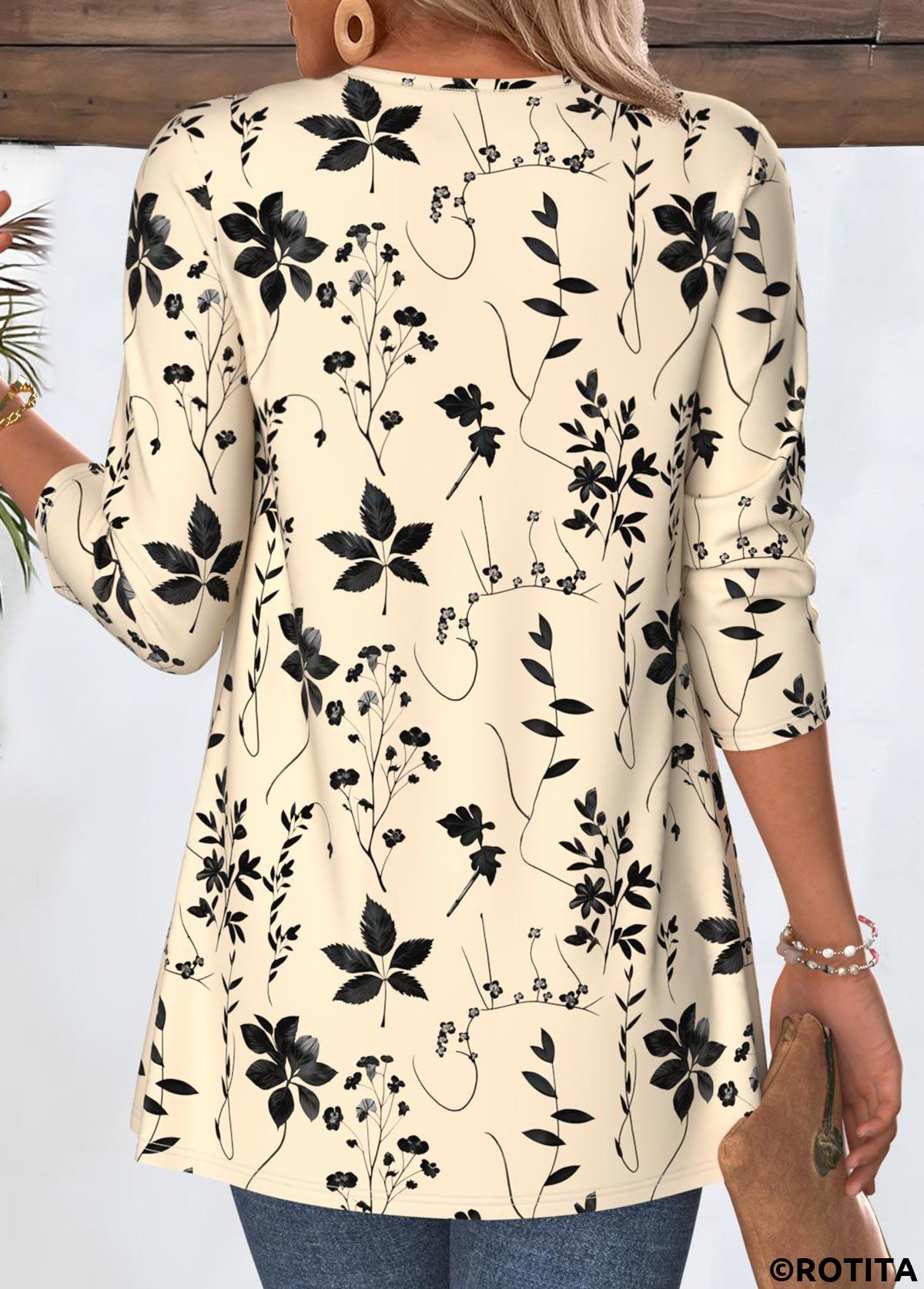Beige tops,Plants tops,ROTITA Leaf Print Beige 3/4 Sleeve Light Cardigan