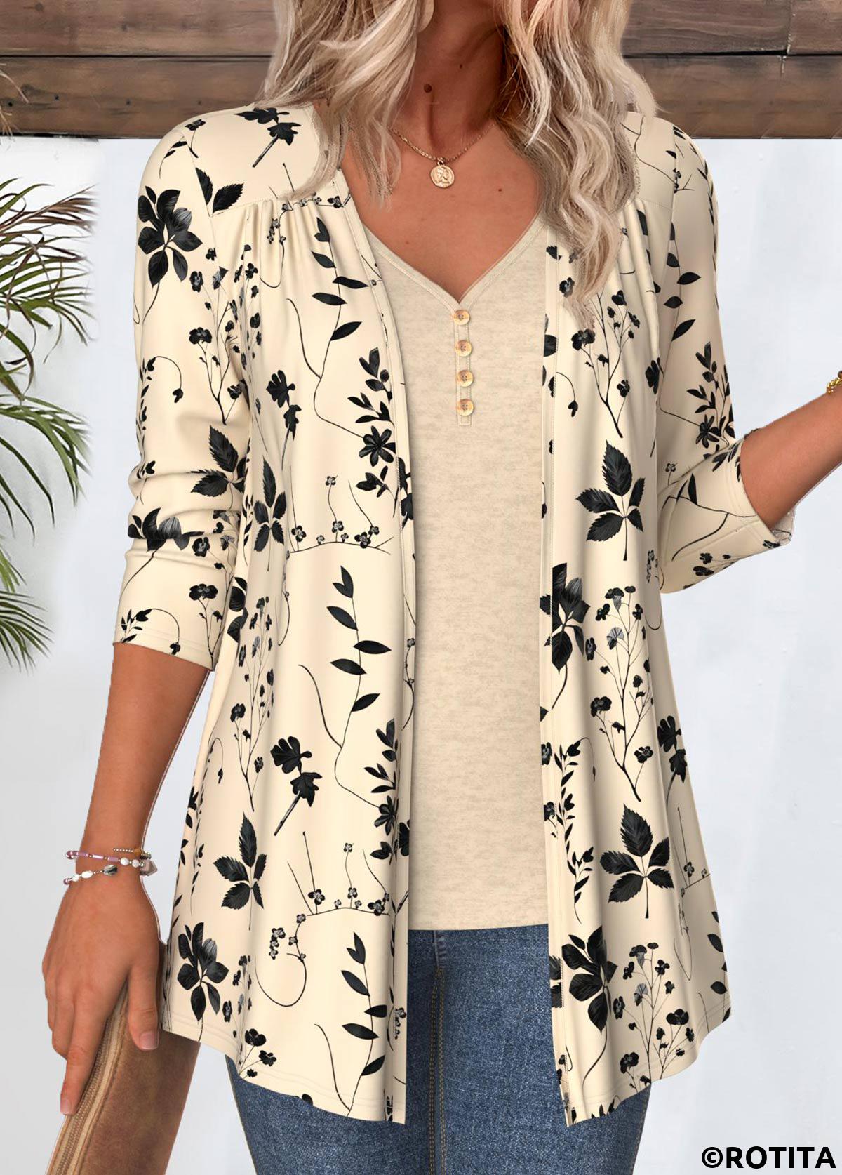 Beige tops,Plants tops,ROTITA Leaf Print Beige 3/4 Sleeve Light Cardigan