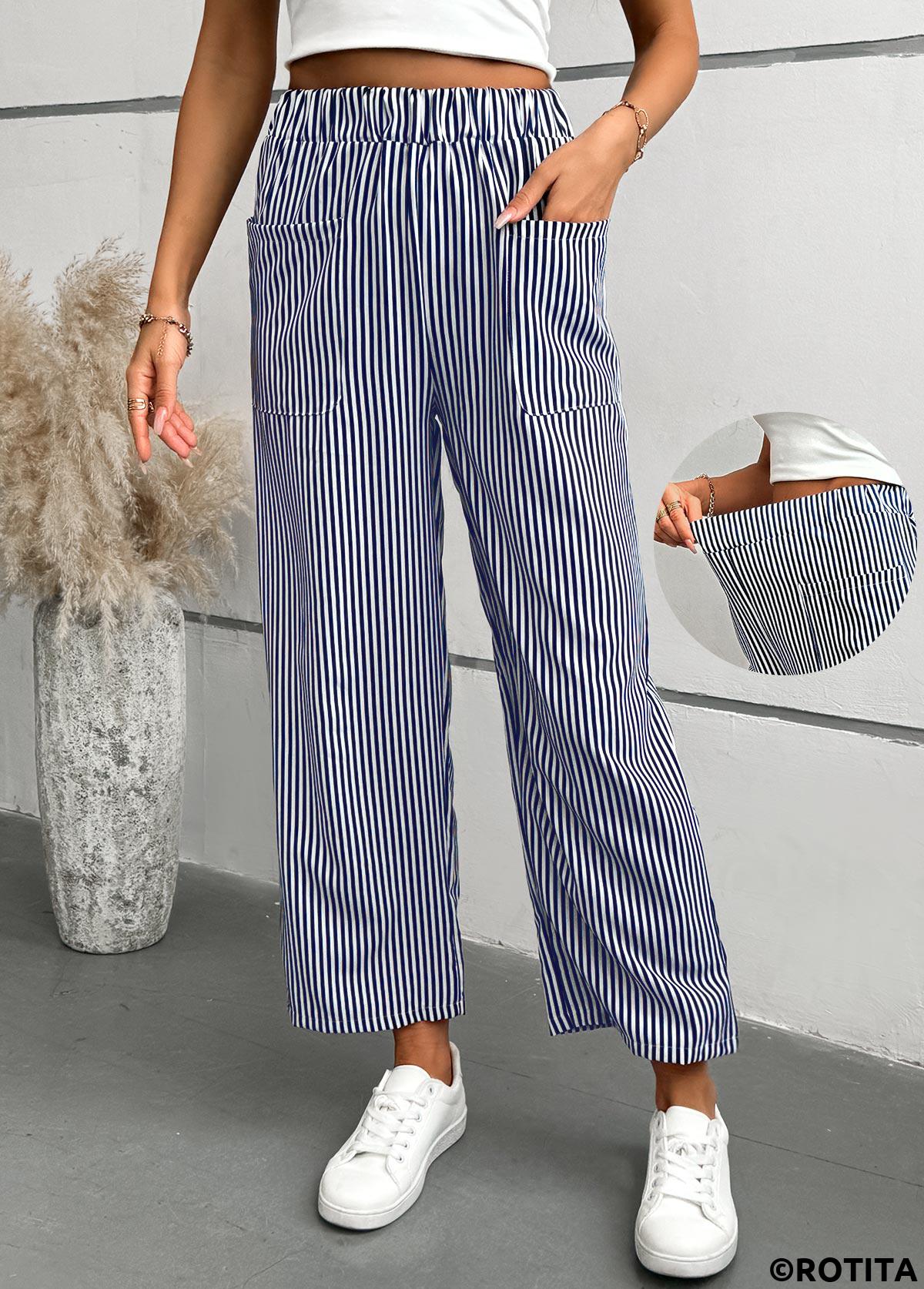Blue bottoms,Striped bottoms,Geometric bottoms,Striped Blue Straight Leg Elastic Waist Mid Waisted Pants