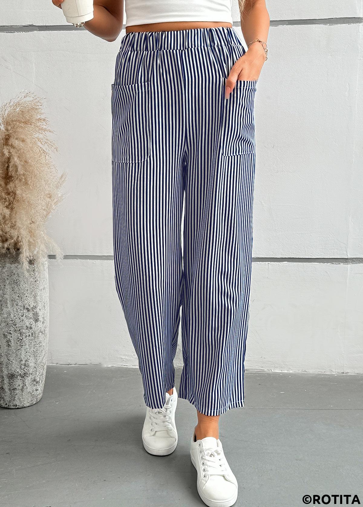 Blue bottoms,Striped bottoms,Geometric bottoms,Striped Blue Straight Leg Elastic Waist Mid Waisted Pants