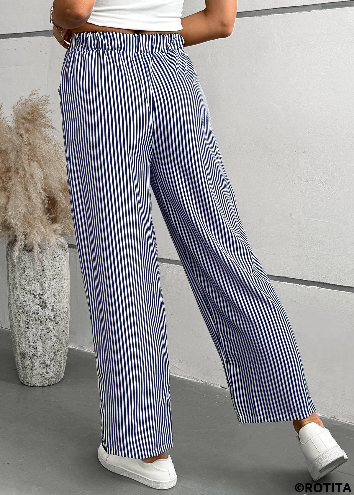Blue bottoms,Striped bottoms,Geometric bottoms,Striped Blue Straight Leg Elastic Waist Mid Waisted Pants
