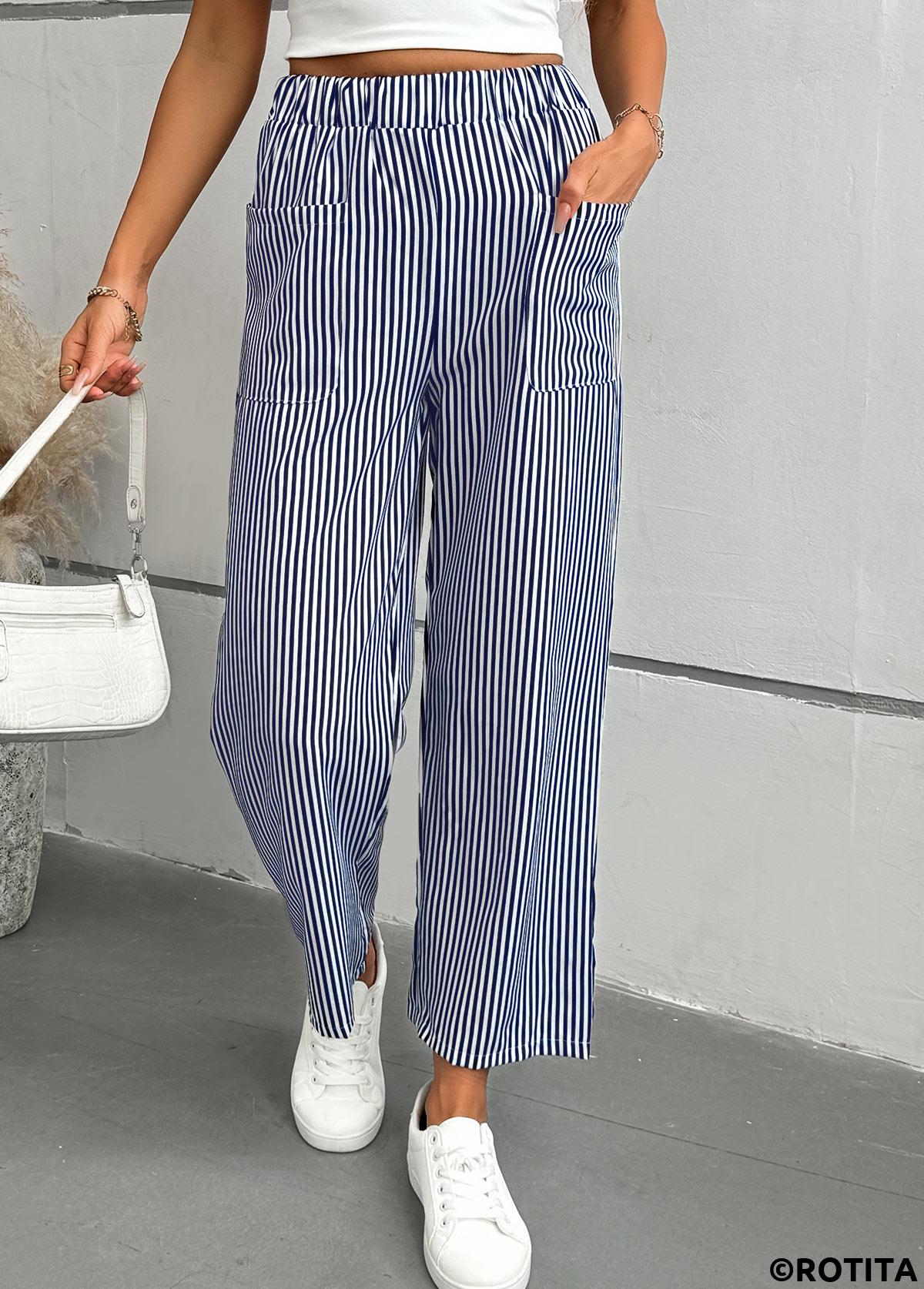 Blue bottoms,Striped bottoms,Geometric bottoms,Striped Blue Straight Leg Elastic Waist Mid Waisted Pants