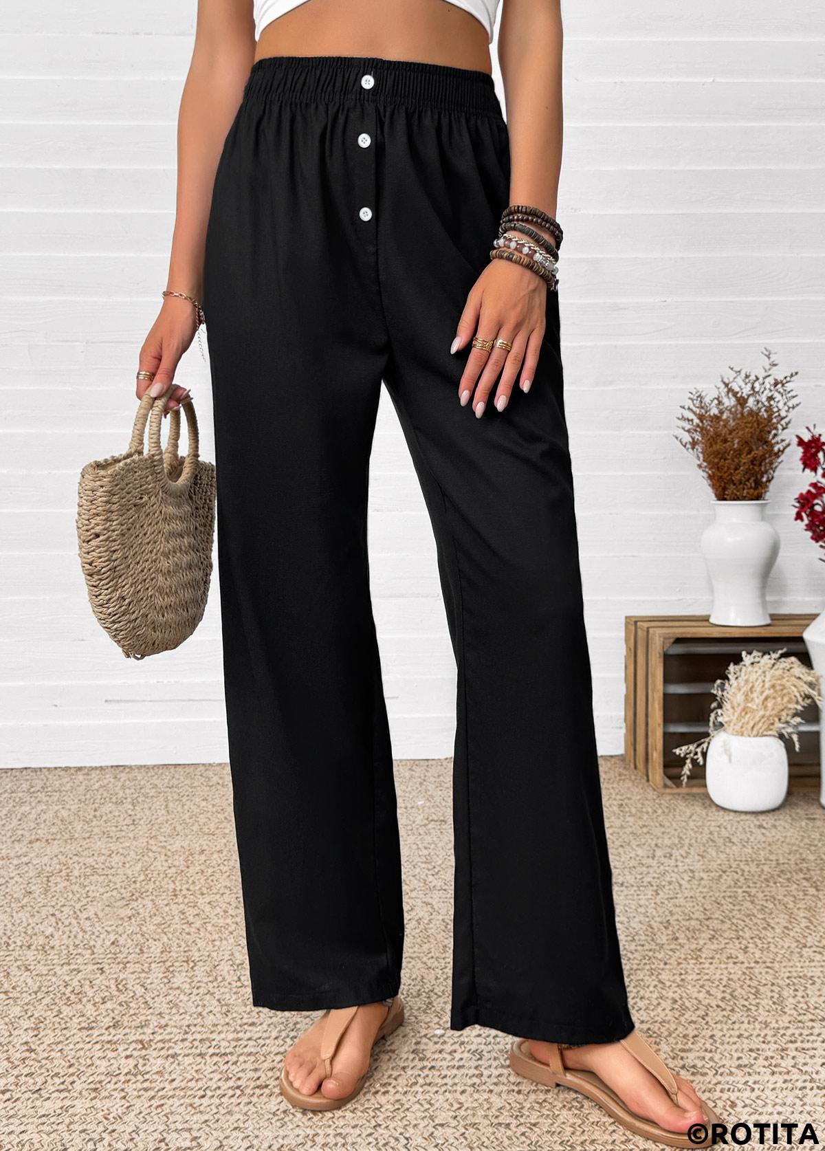Black bottoms,Plain Color bottoms,Black Straight Leg Elastic Waist High Waisted Pants