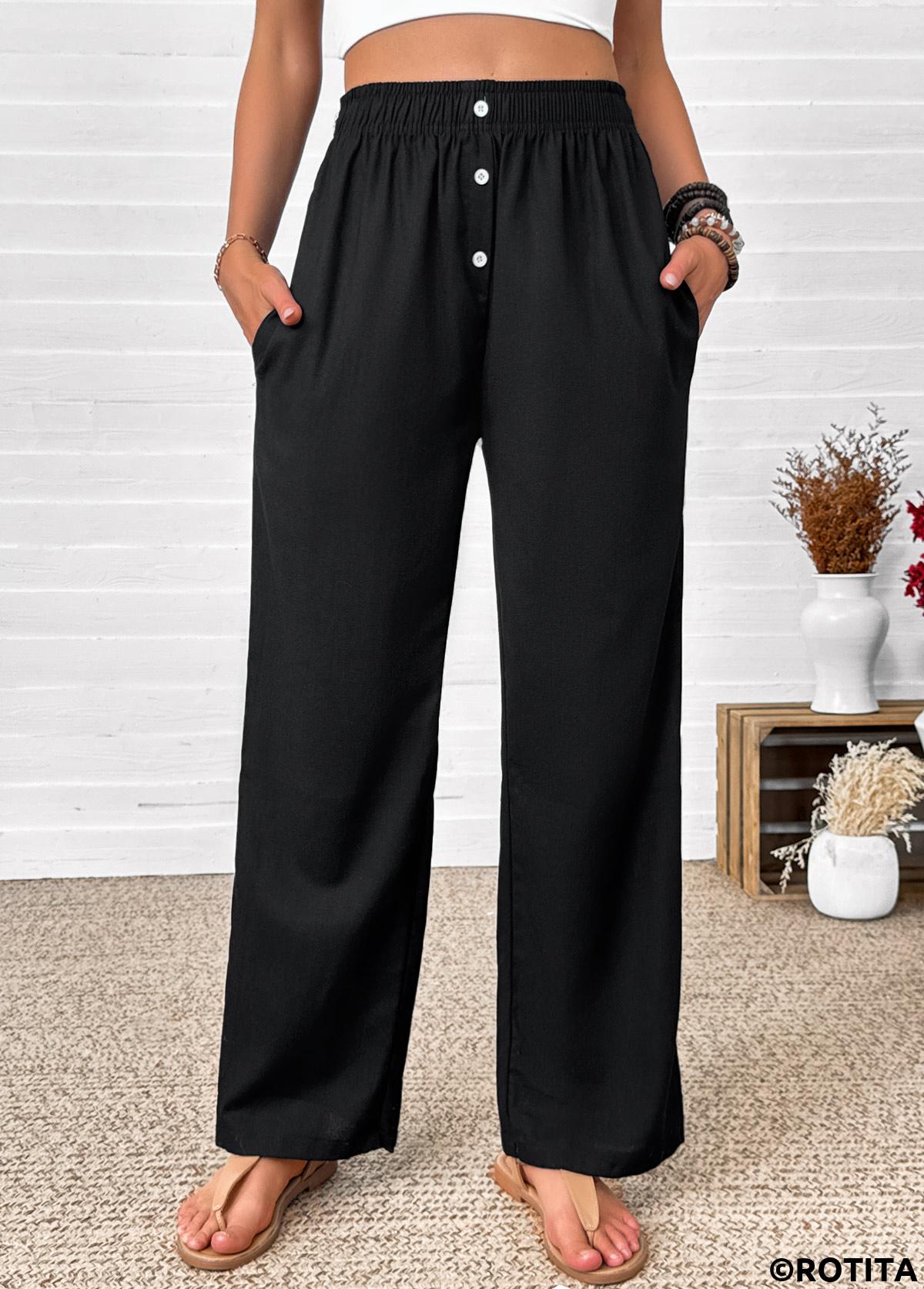 Black bottoms,Plain Color bottoms,Black Straight Leg Elastic Waist High Waisted Pants