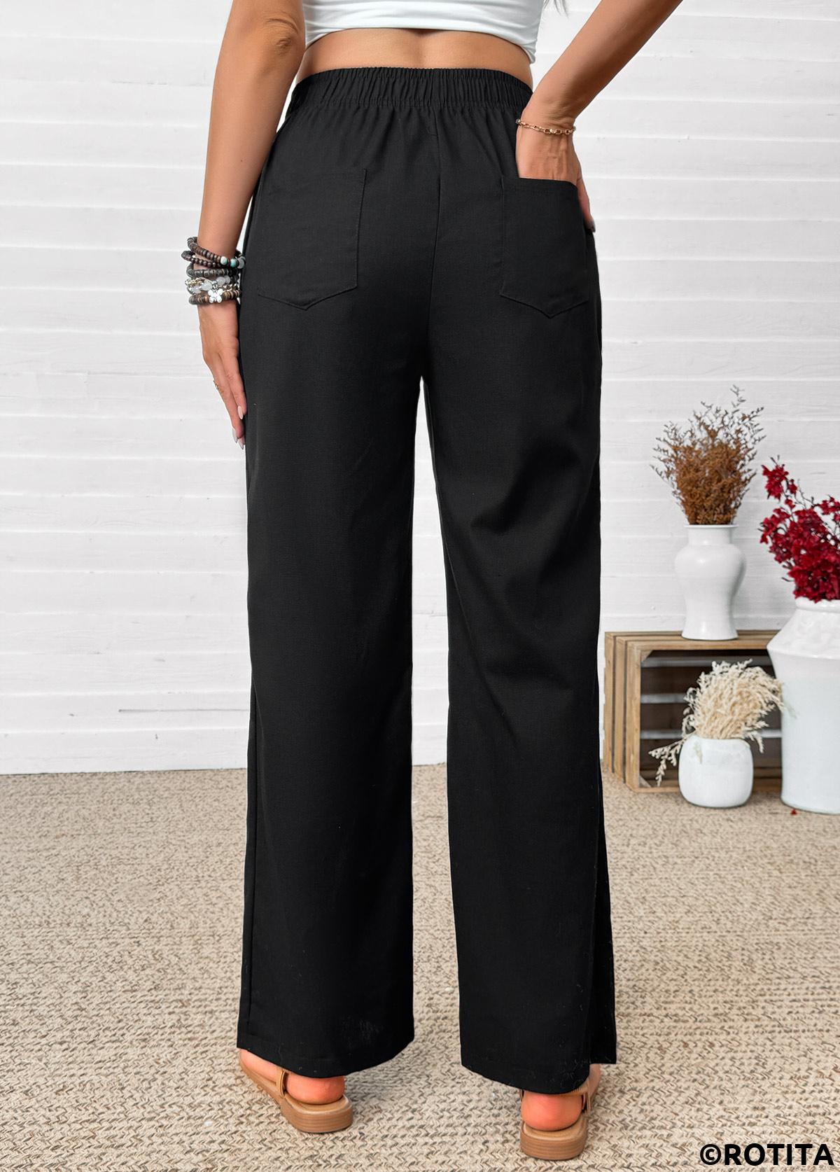 Black bottoms,Plain Color bottoms,Black Straight Leg Elastic Waist High Waisted Pants