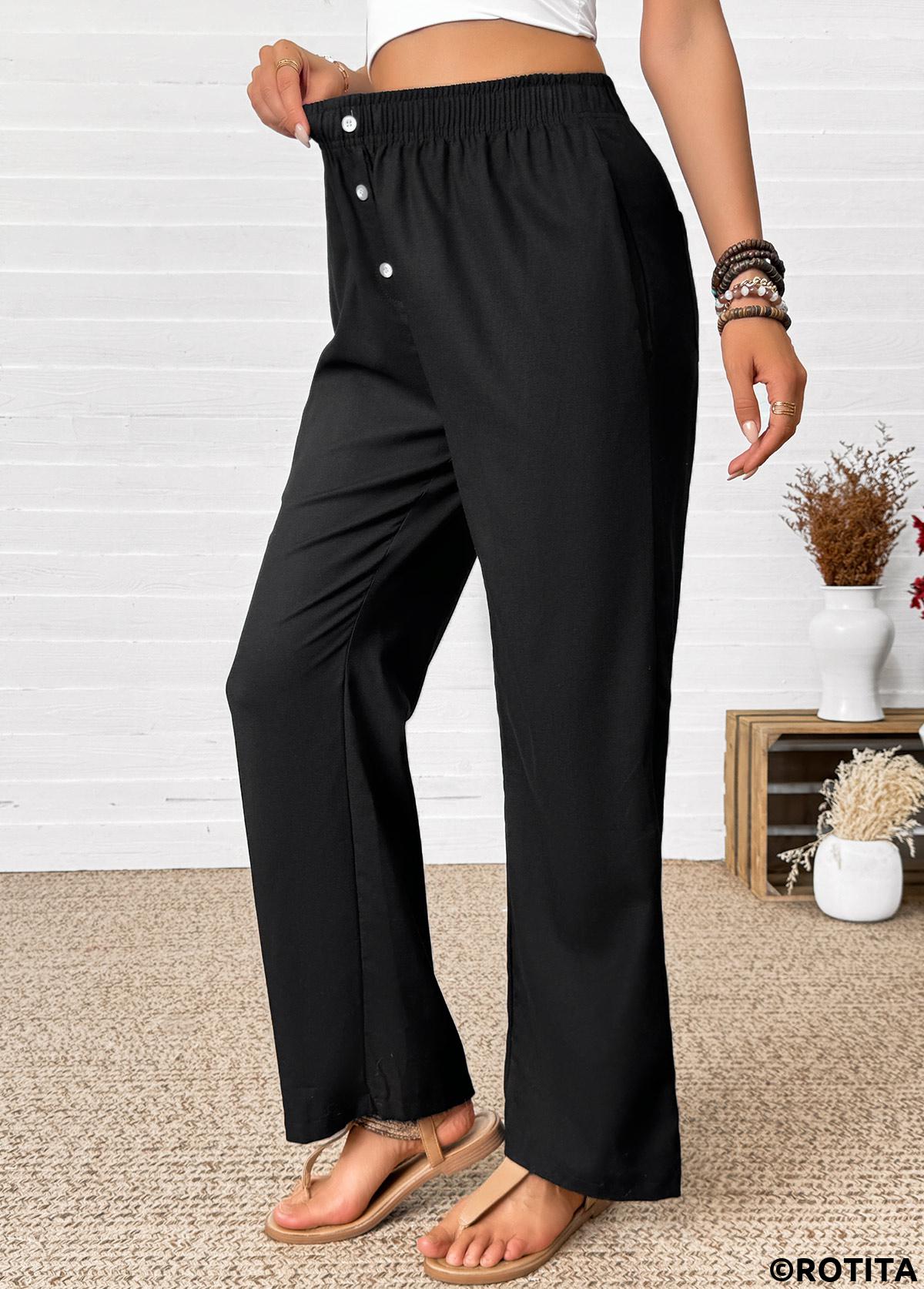 Black bottoms,Plain Color bottoms,Black Straight Leg Elastic Waist High Waisted Pants