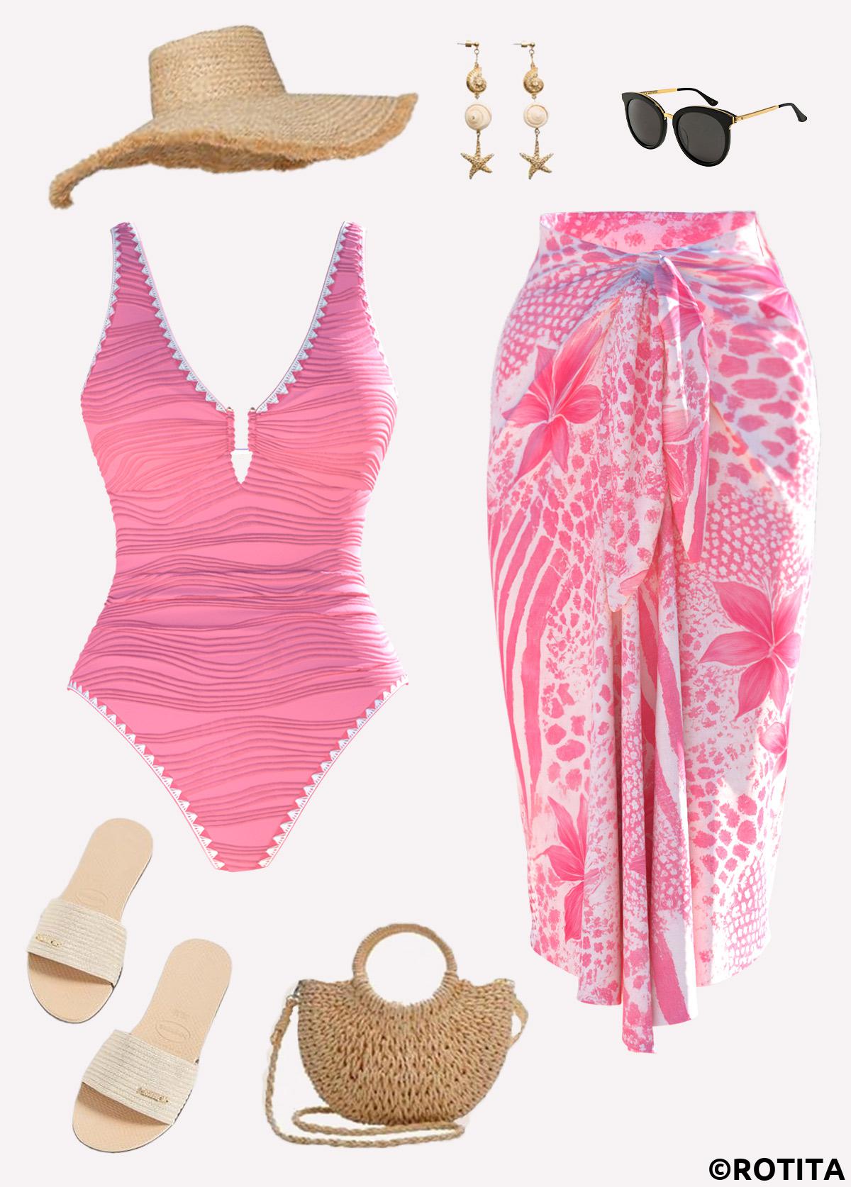 Pink swimwear,Floral swimwear,Plants swimwear,ROTITA Pink Floral Print One Piece Swimwear and Skirt
