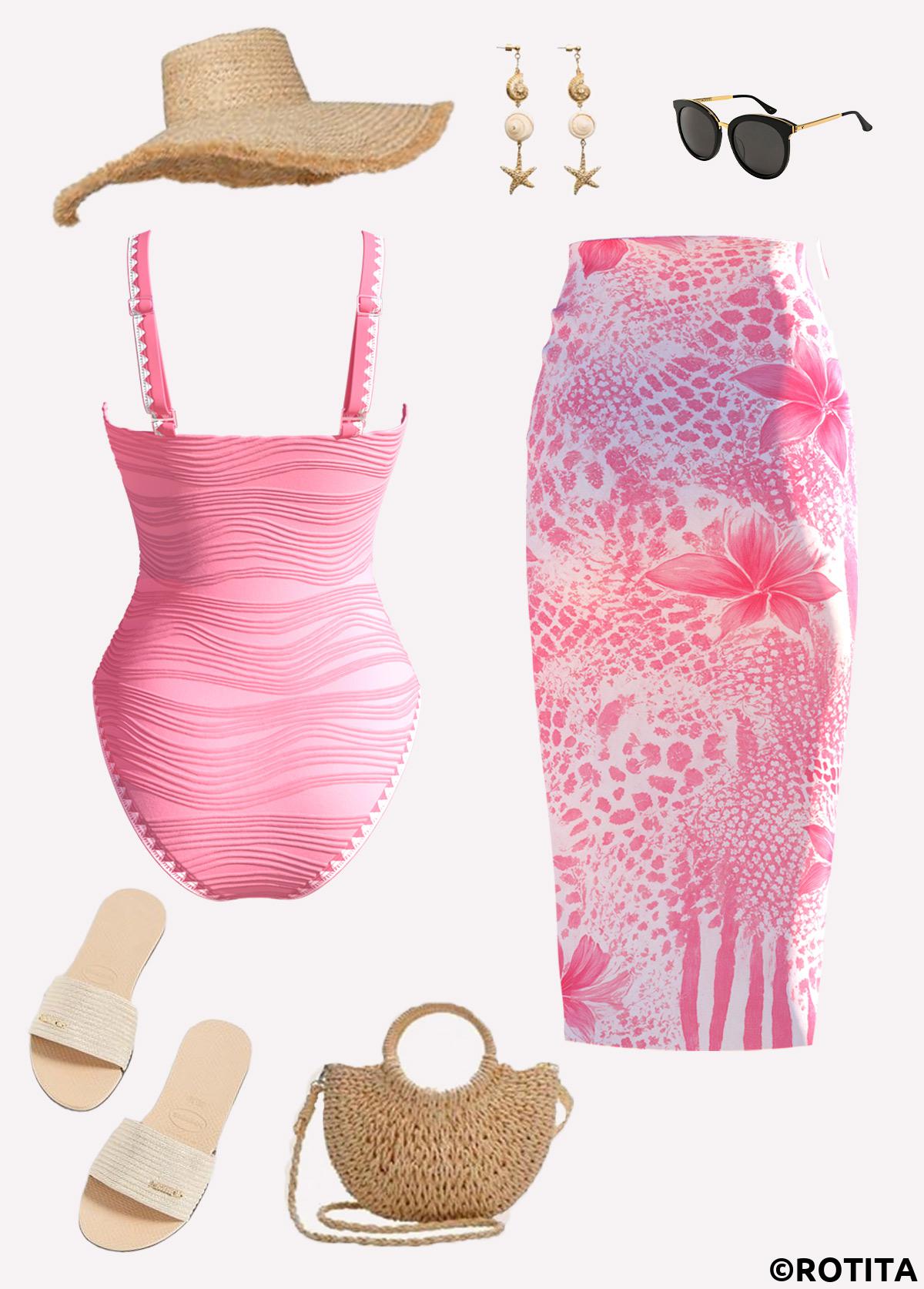 Pink swimwear,Floral swimwear,Plants swimwear,ROTITA Pink Floral Print One Piece Swimwear and Skirt
