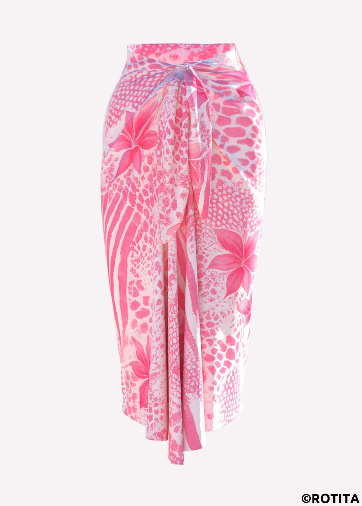 Pink swimwear,Floral swimwear,Plants swimwear,ROTITA Pink Floral Print One Piece Swimwear and Skirt