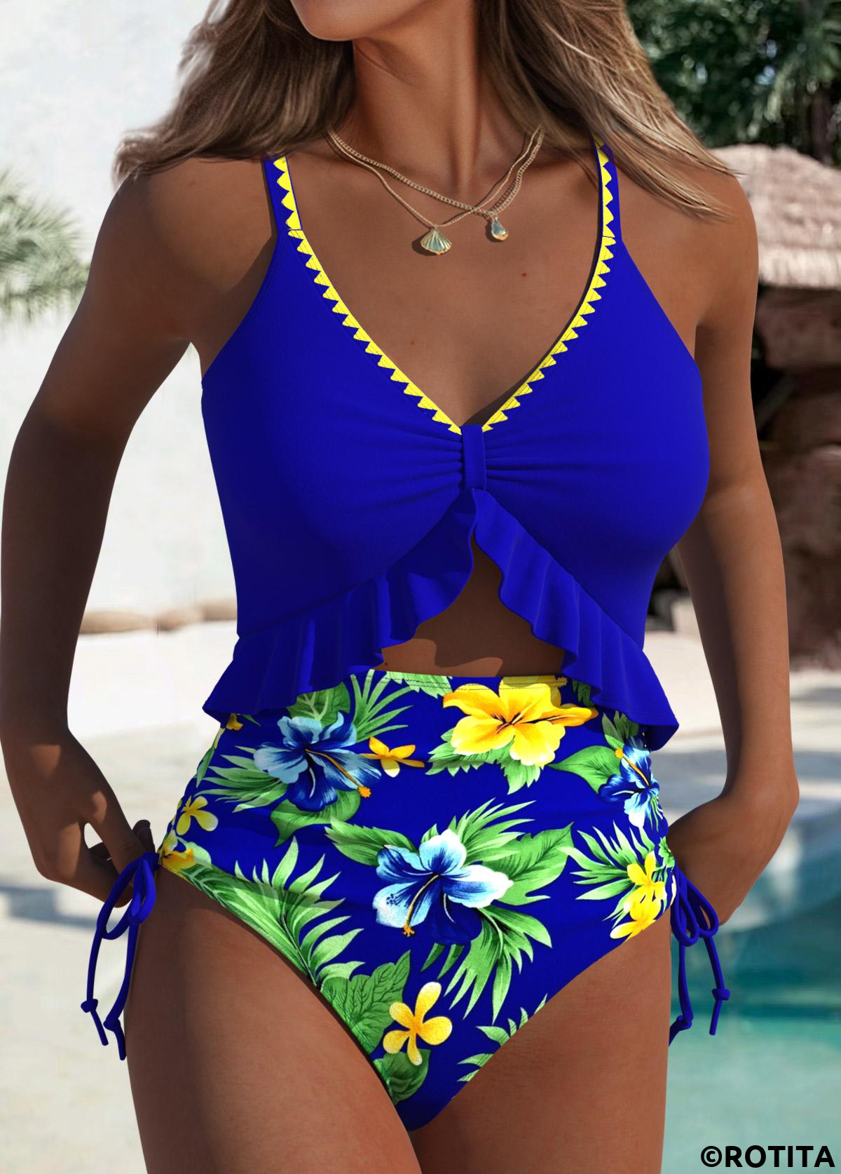 Royal Blue swimwear,Floral swimwear,Plants swimwear,ROTITA Royal Blue Floral Print One Piece Swimwear