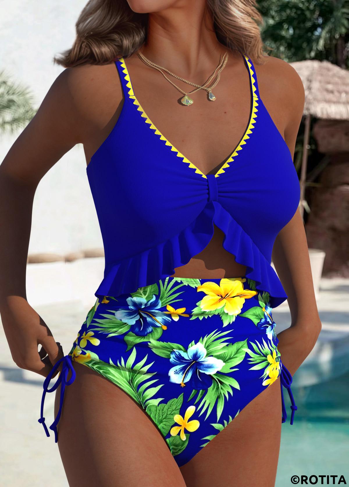 Royal Blue swimwear,Floral swimwear,Plants swimwear,ROTITA Royal Blue Floral Print One Piece Swimwear