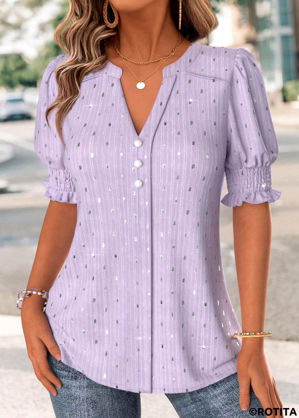Light Purple tops,Plain Color tops,ROTITA Light Purple Split Neck Short Sleeve Blouse